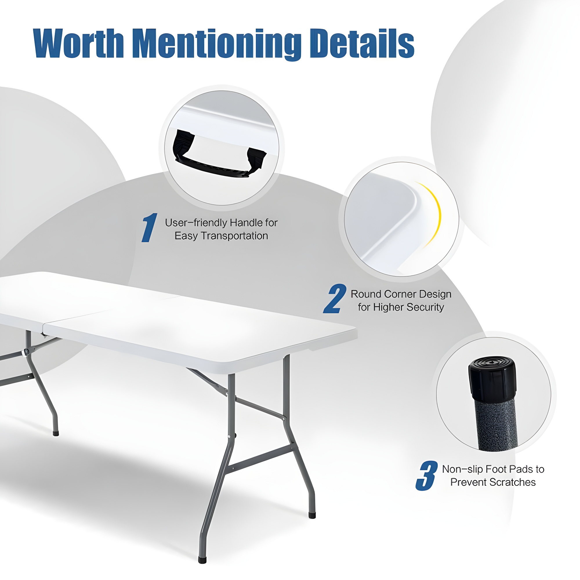 BestMassage Portable Plastic Picnic Table 8FT Outdoor Dining Table with Carrying Handle, White