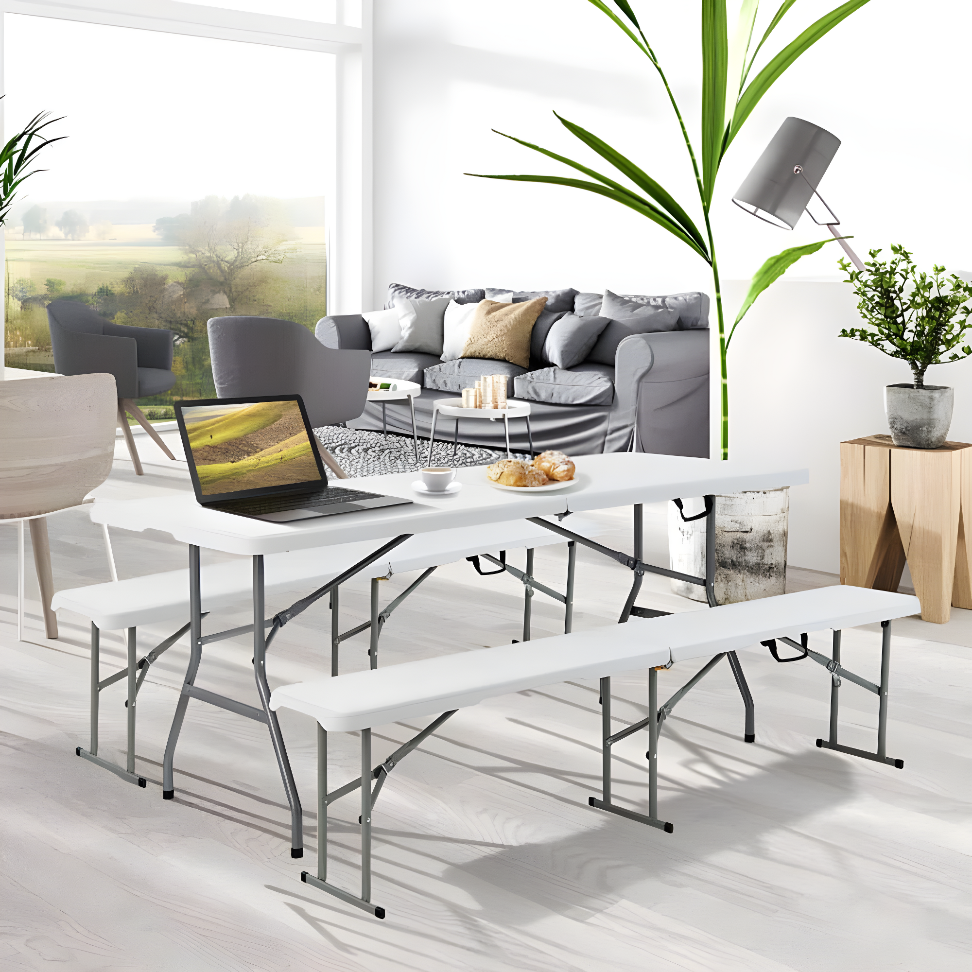 BestMassage Portable Plastic Picnic Table 8FT Outdoor Dining Table with Carrying Handle, White