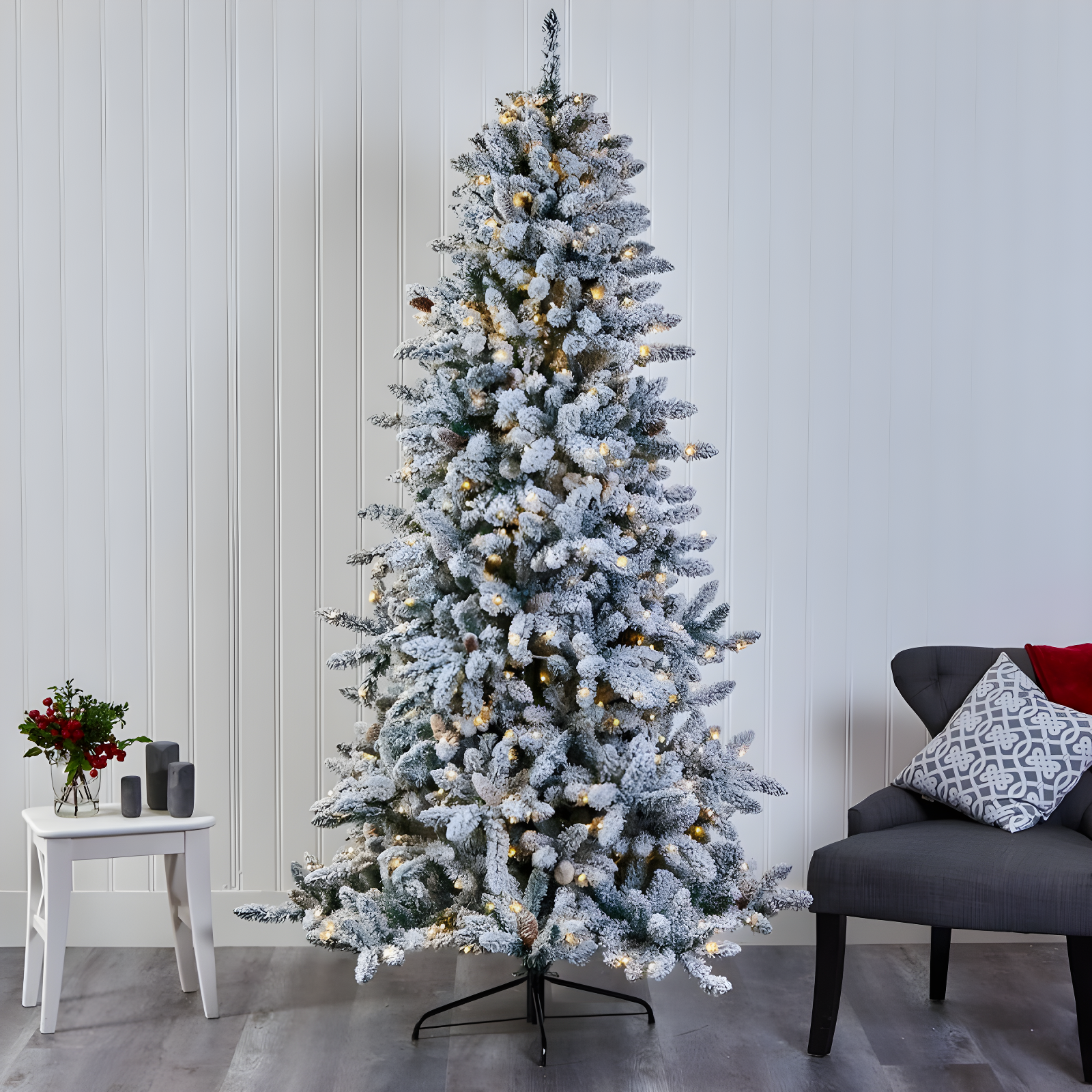 Nearly Natural 7.5' Pre-Lit LED Flocked Slim Livingston Fir with Pinecones, Electric Powered