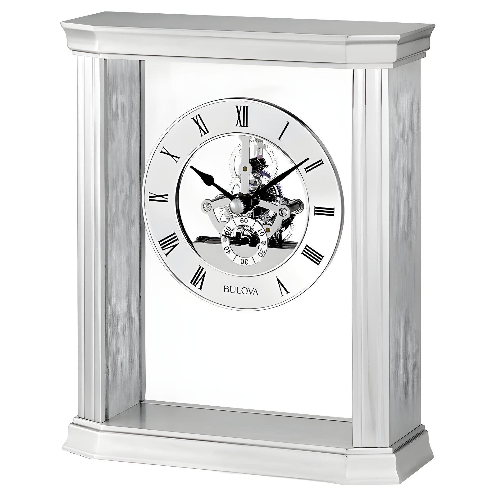 Bulova Roman Numeral Stainless Steel Quartz Movement / Crystal Tabletop Clock with Alarm in Silver
