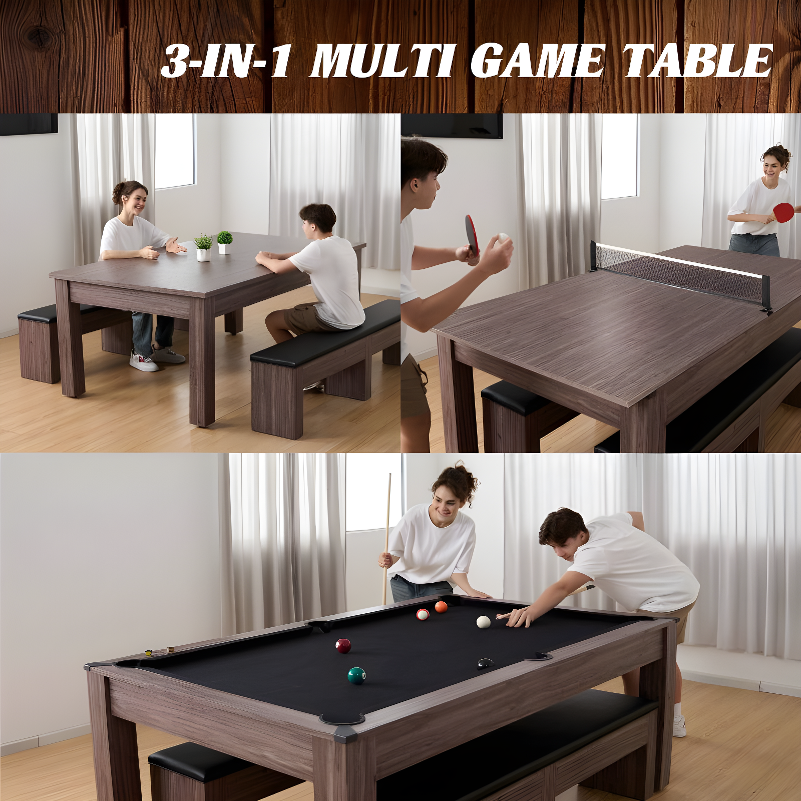 Barrington Billiards Monteray 7’ Pool Table, 3-in-1 with Dining Top & Rolling Storage Caddy