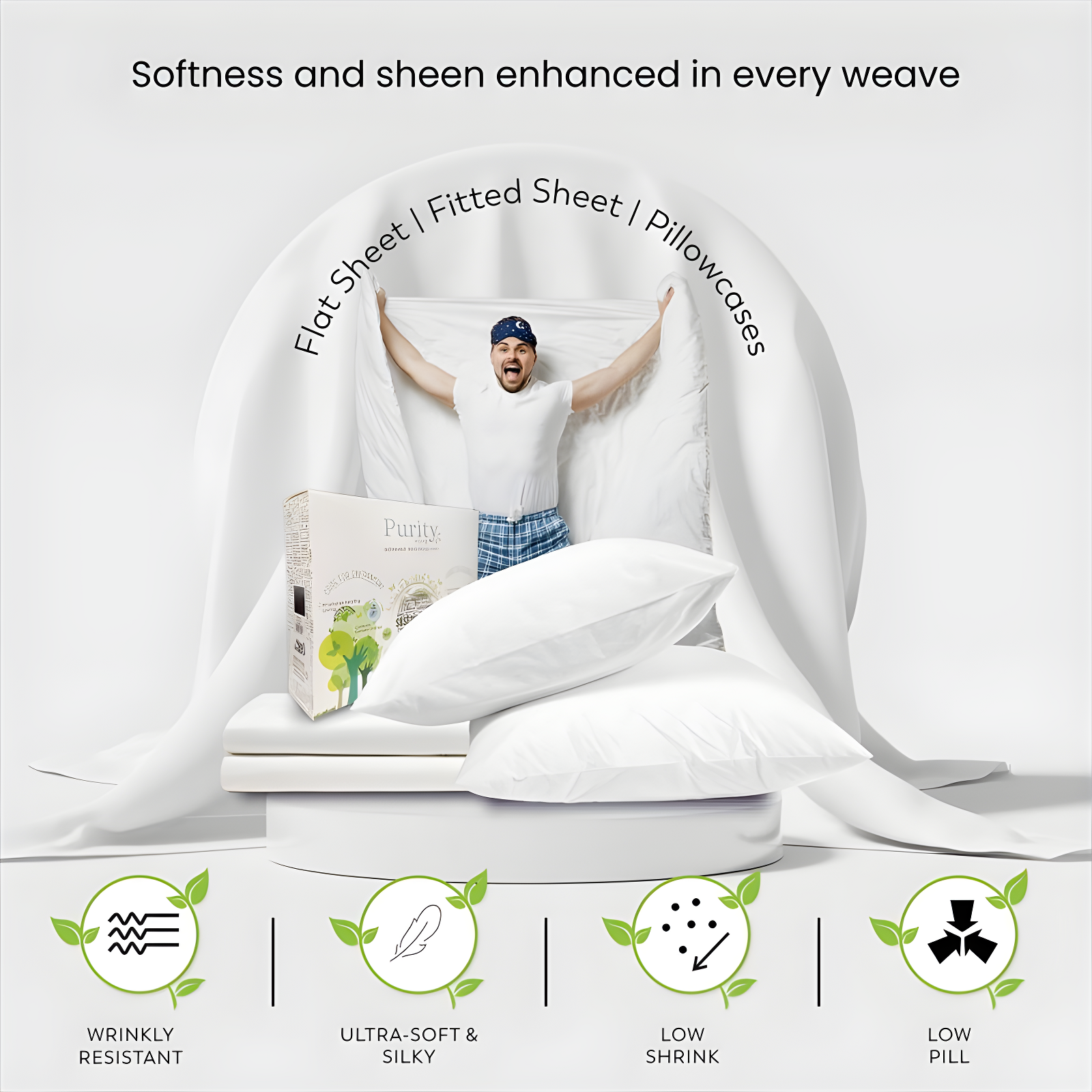 Full 400 Thread Count Wrinkle Free Cotton Solid Sheet Set White - Purity Home: Sateen Weave, Deep Pocket Fitted, OEKO-TEX Certified