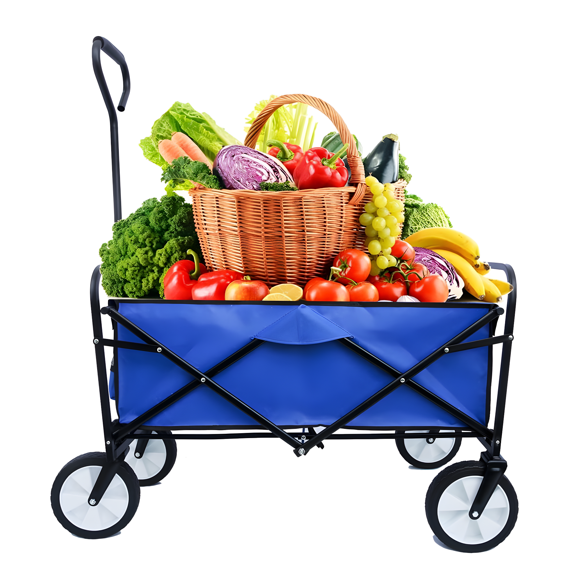 Clearance! Outdoor Utility Wagon Cart with Cup Holdler, Large Capacity Folding Wagon Garden Shopping Beach Cart,Heavy Duty Foldable Cart, for Outdoor Activities, Beaches, Parks, Camping (Blue)
