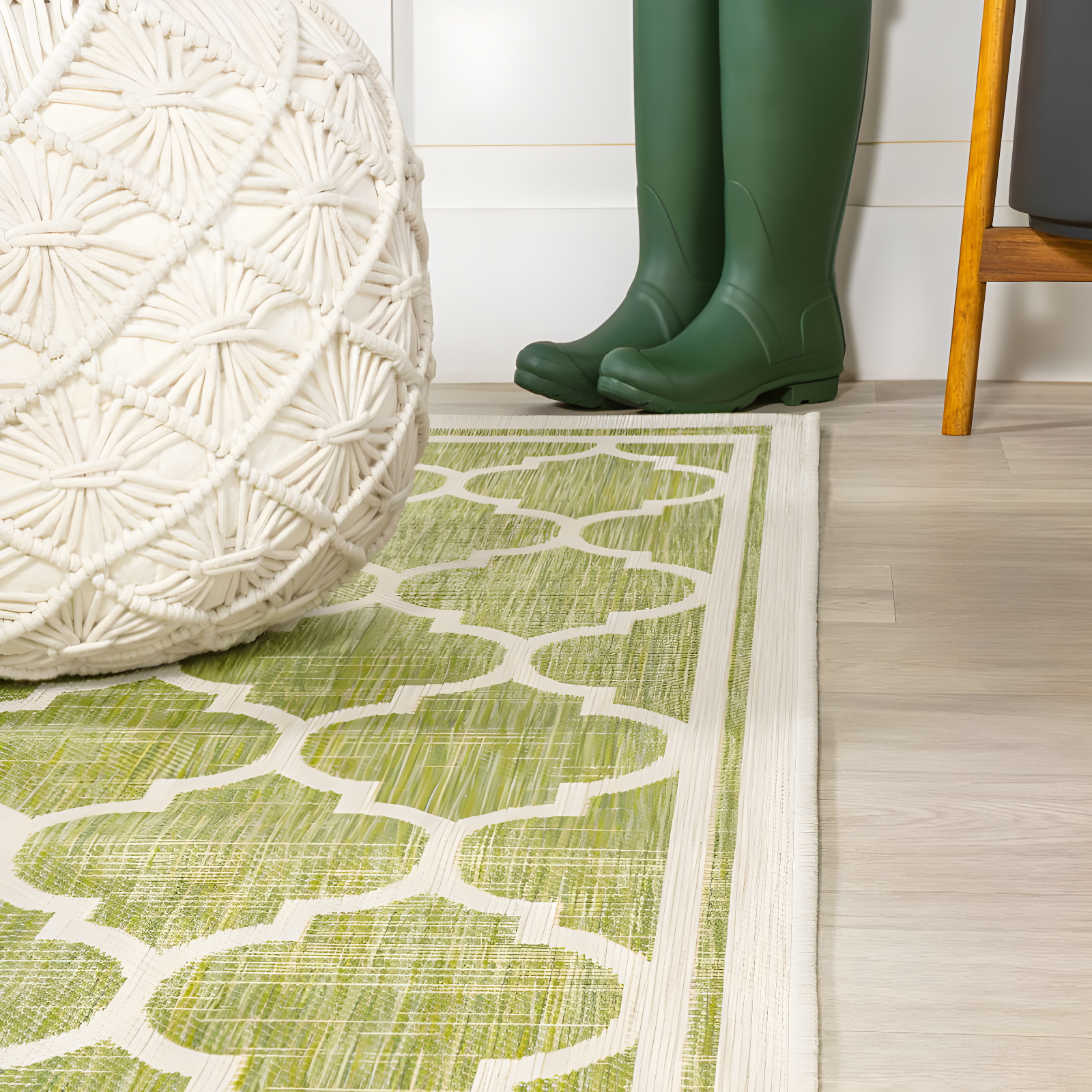 2' x 8' Trebol Moroccan Trellis Textured Weave Indoor/Outdoor Runner Rug, Green/Cream - JONATHAN Y