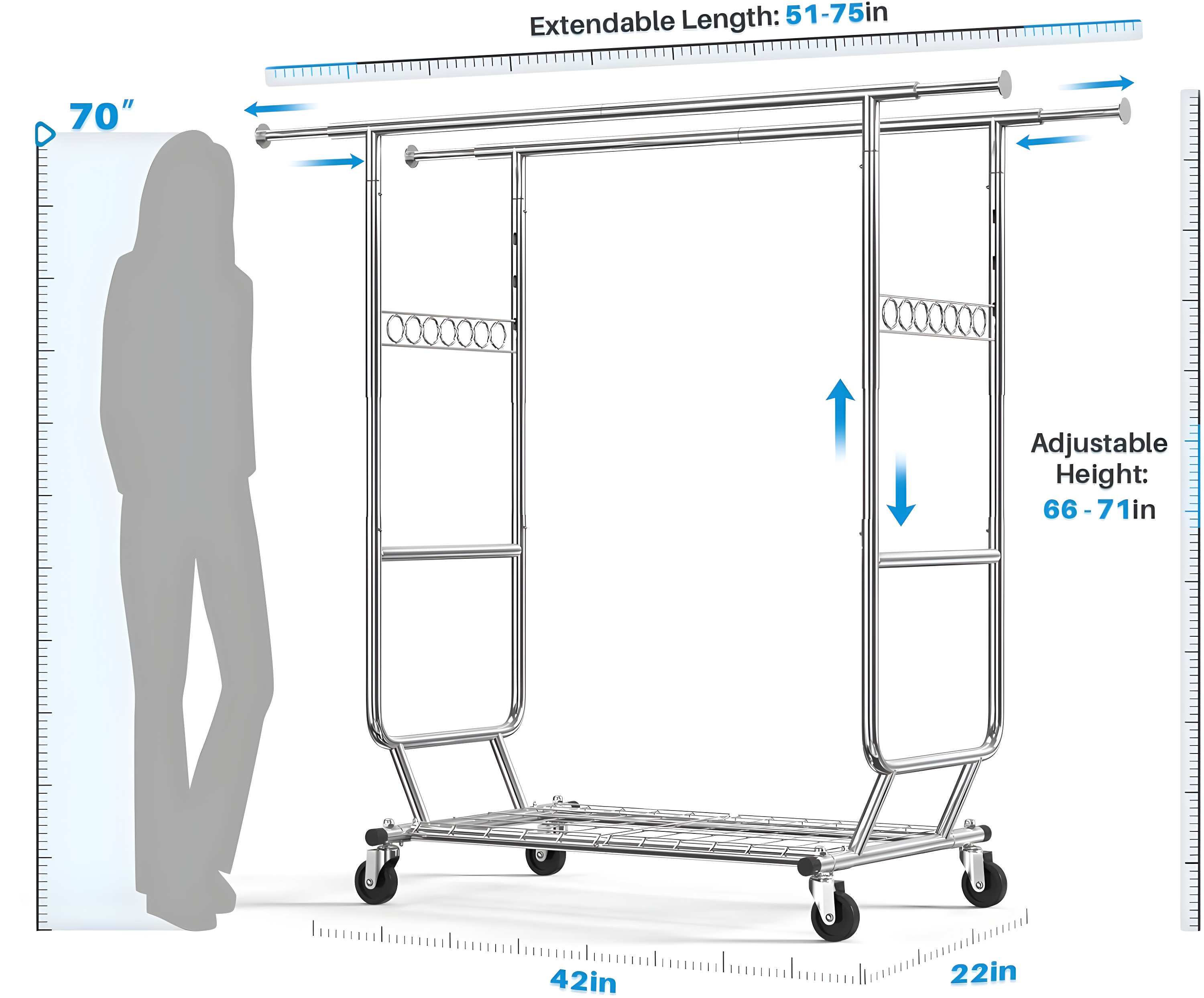 HOKEEPER Double Clothing Garment Rack with Shelves Capacity 600 lbs Clothing Racks on Wheels Rolling Clothes Rack for Hanging Clothes Heavy Duty Portable Collapsible Commercial Garment Rack Chrome
