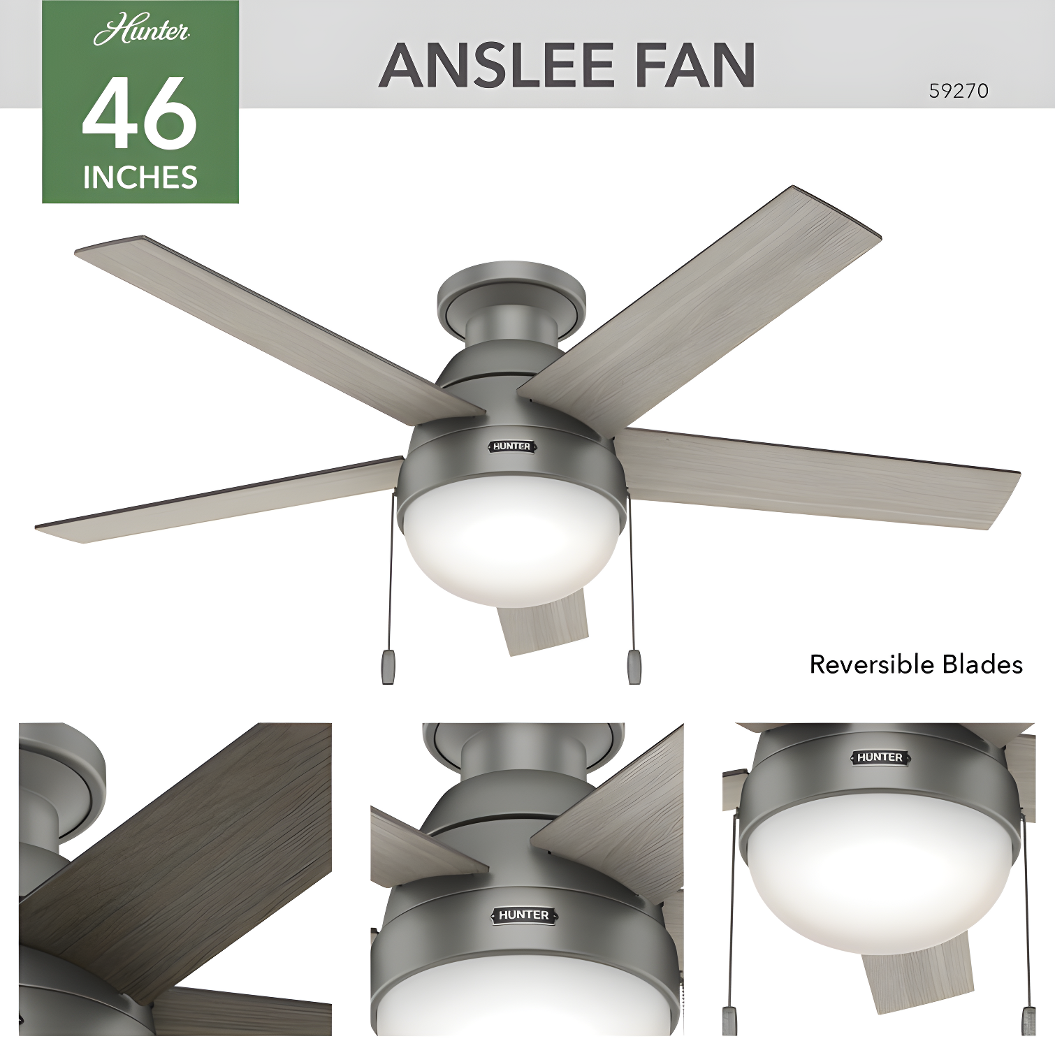 Hunter Fan 46" Anslee 5 - Blade LED Flush Mount Ceiling Fan with Pull Chain and Light Kit Included