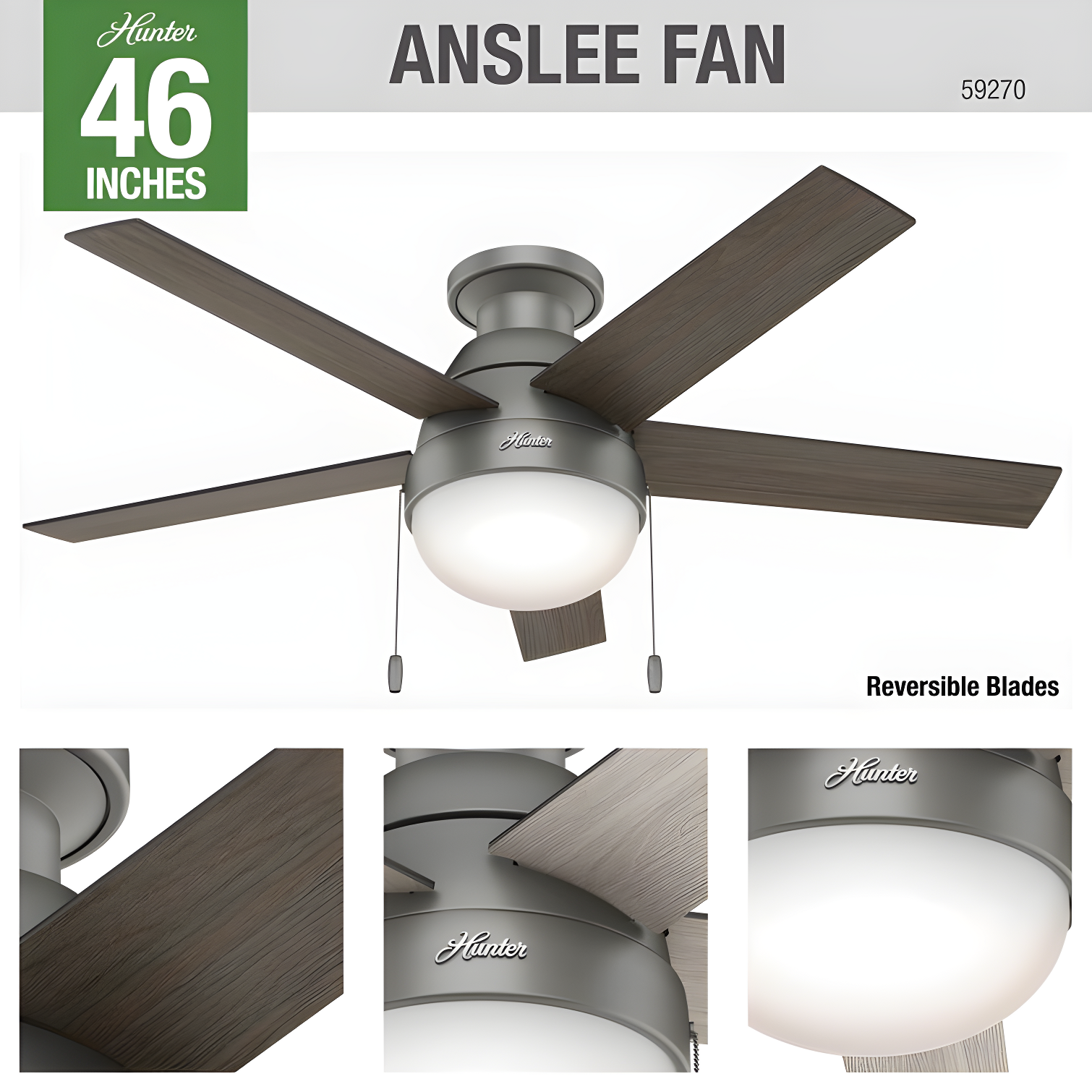 Hunter Fan 46" Anslee 5 - Blade LED Flush Mount Ceiling Fan with Pull Chain and Light Kit Included