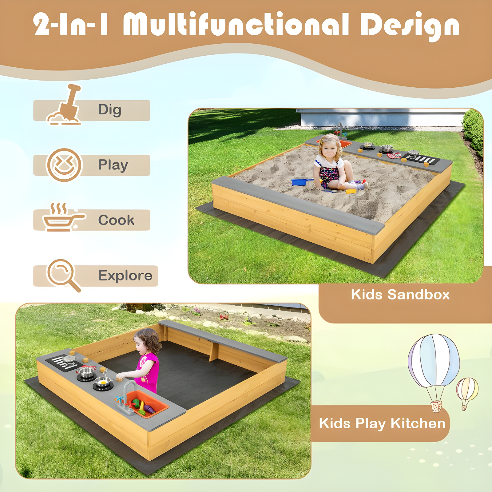 Costway Kids Sandbox Outdoor Wooden Sandpit w/ Bottom Liner Creative Cooking Area