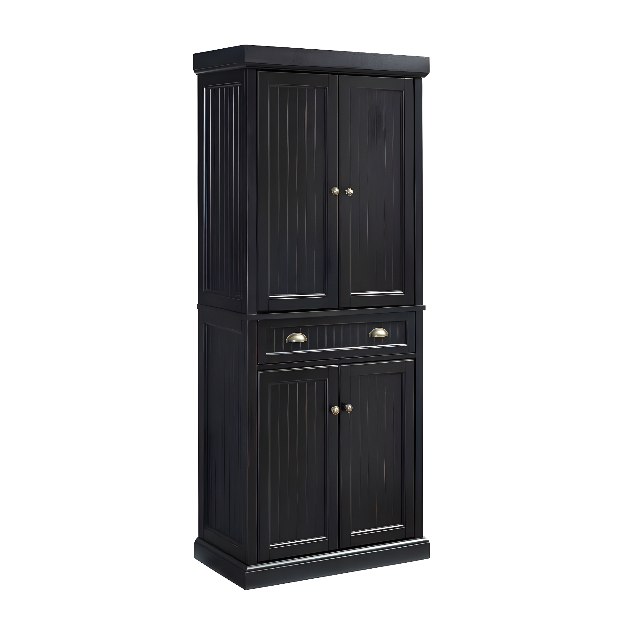 Crosley Seaside Kitchen Pantry Distressed Black: Traditional Style, 4-Door Hutch, 6 Shelves, Wood Veneer