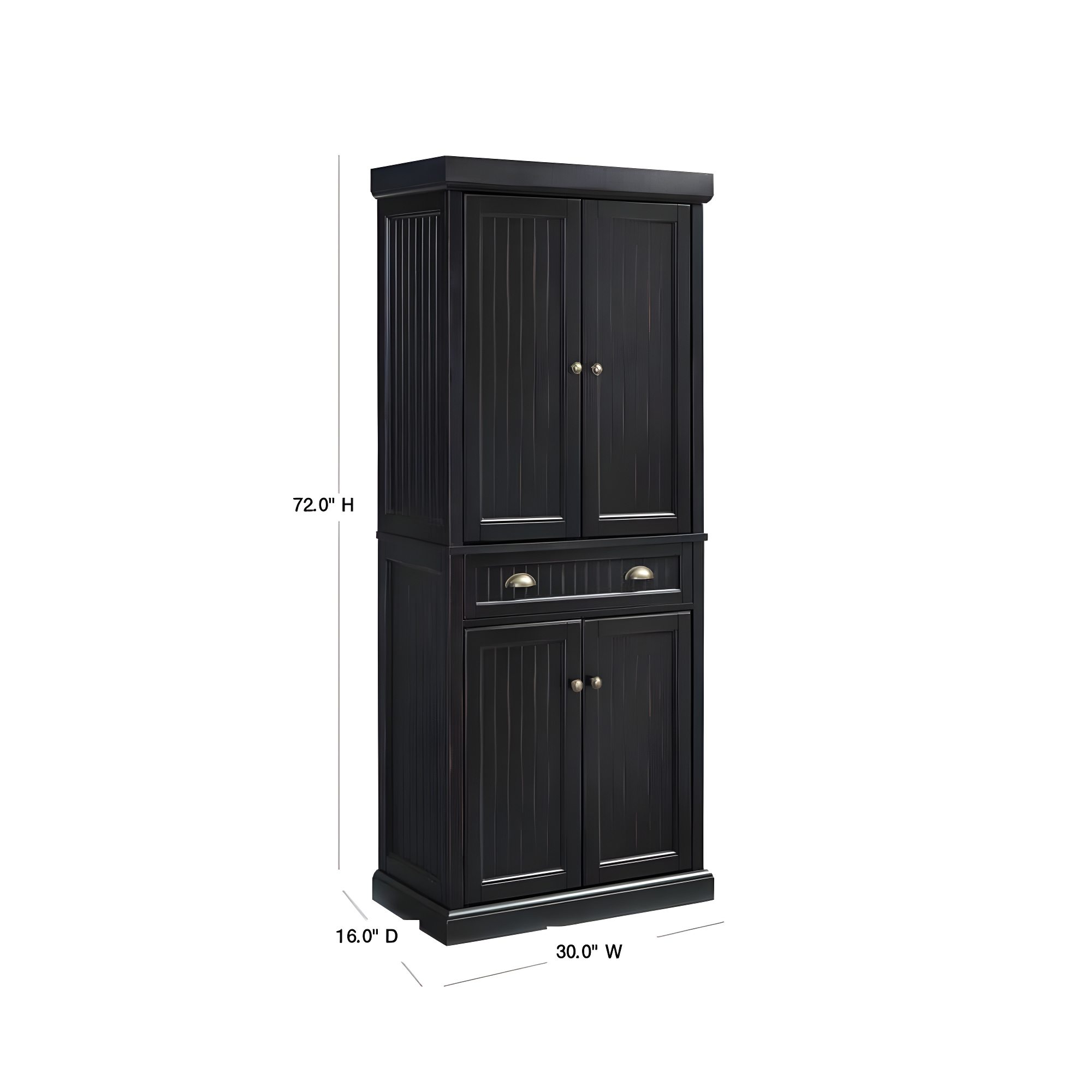Crosley Seaside Kitchen Pantry Distressed Black: Traditional Style, 4-Door Hutch, 6 Shelves, Wood Veneer