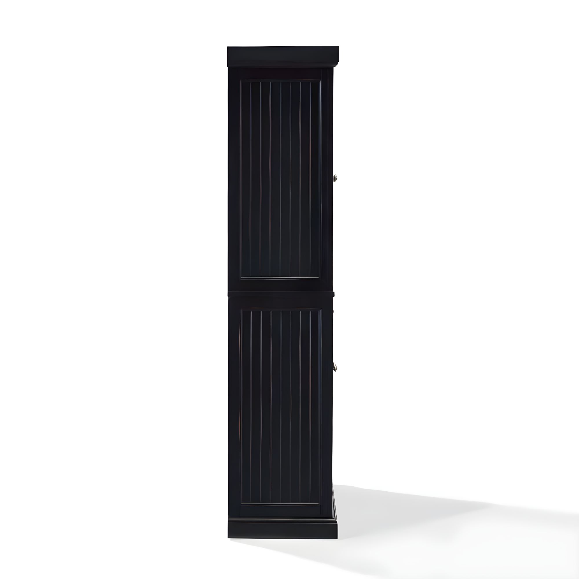 Crosley Seaside Kitchen Pantry Distressed Black: Traditional Style, 4-Door Hutch, 6 Shelves, Wood Veneer
