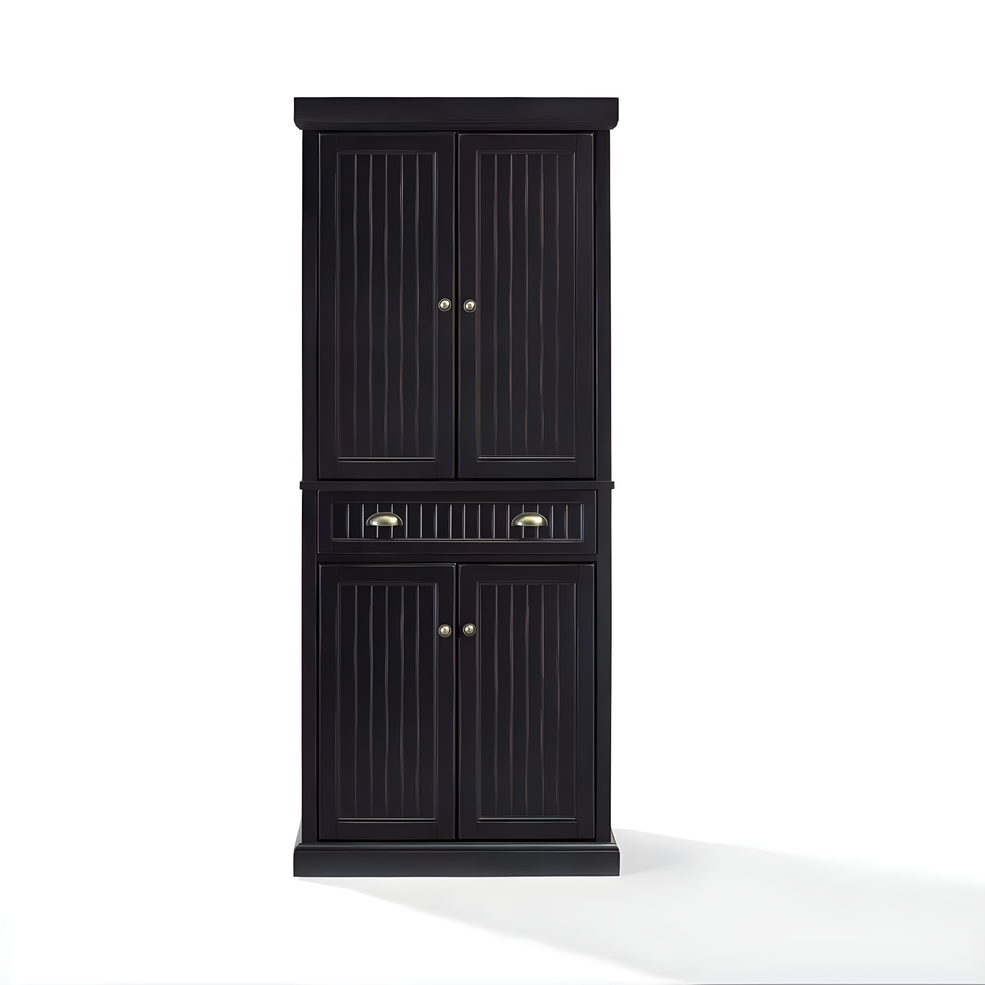 Crosley Seaside Kitchen Pantry Distressed Black: Traditional Style, 4-Door Hutch, 6 Shelves, Wood Veneer