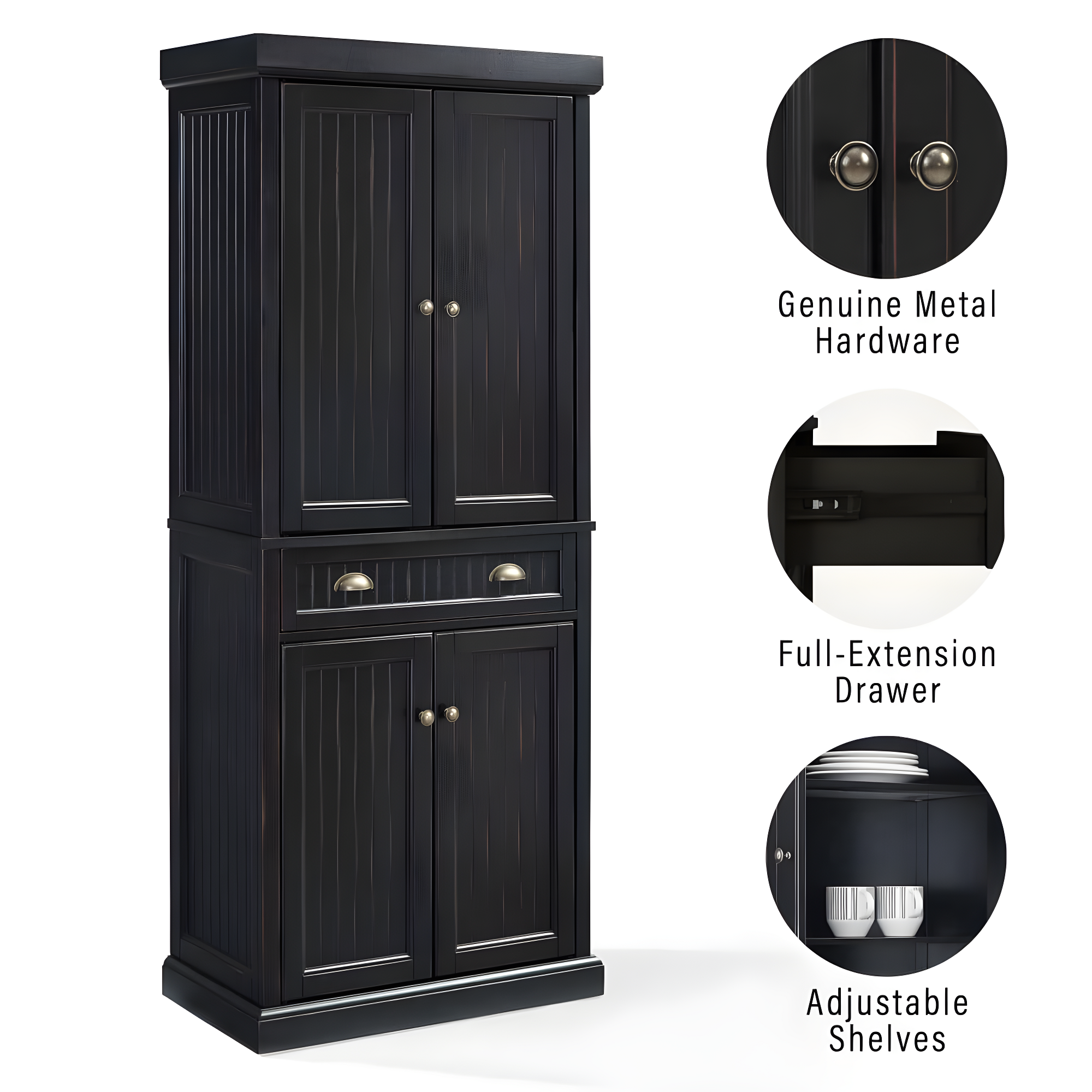 Crosley Seaside Kitchen Pantry Distressed Black: Traditional Style, 4-Door Hutch, 6 Shelves, Wood Veneer