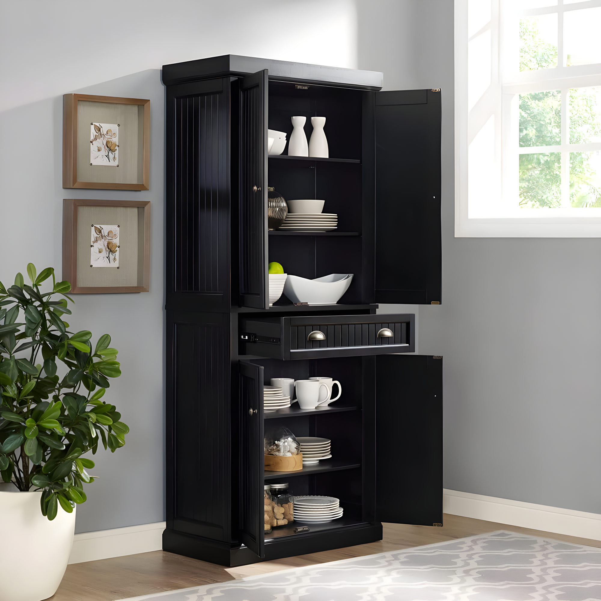 Crosley Seaside Kitchen Pantry Distressed Black: Traditional Style, 4-Door Hutch, 6 Shelves, Wood Veneer
