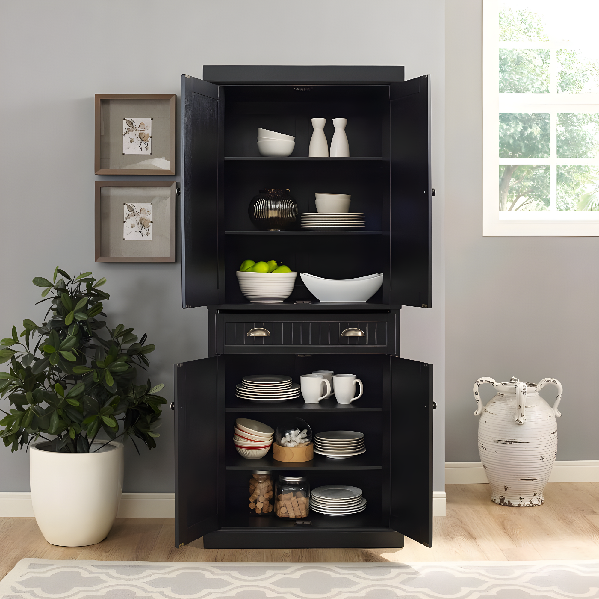 Crosley Seaside Kitchen Pantry Distressed Black: Traditional Style, 4-Door Hutch, 6 Shelves, Wood Veneer
