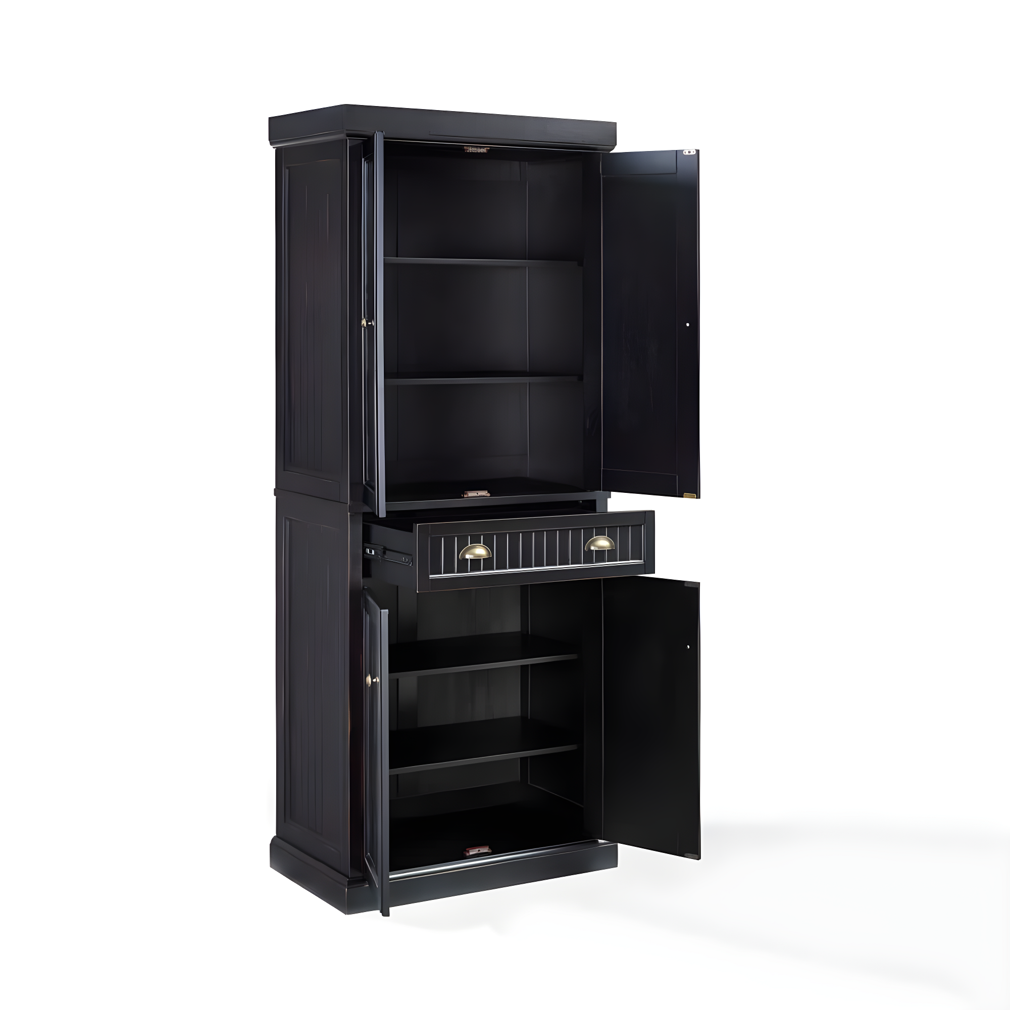 Crosley Seaside Kitchen Pantry Distressed Black: Traditional Style, 4-Door Hutch, 6 Shelves, Wood Veneer