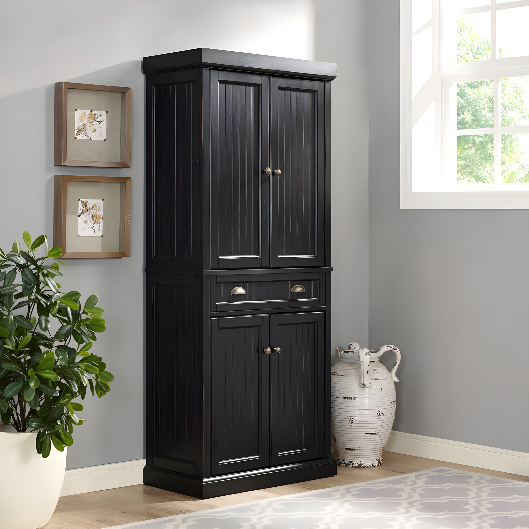 Crosley Seaside Kitchen Pantry Distressed Black: Traditional Style, 4-Door Hutch, 6 Shelves, Wood Veneer