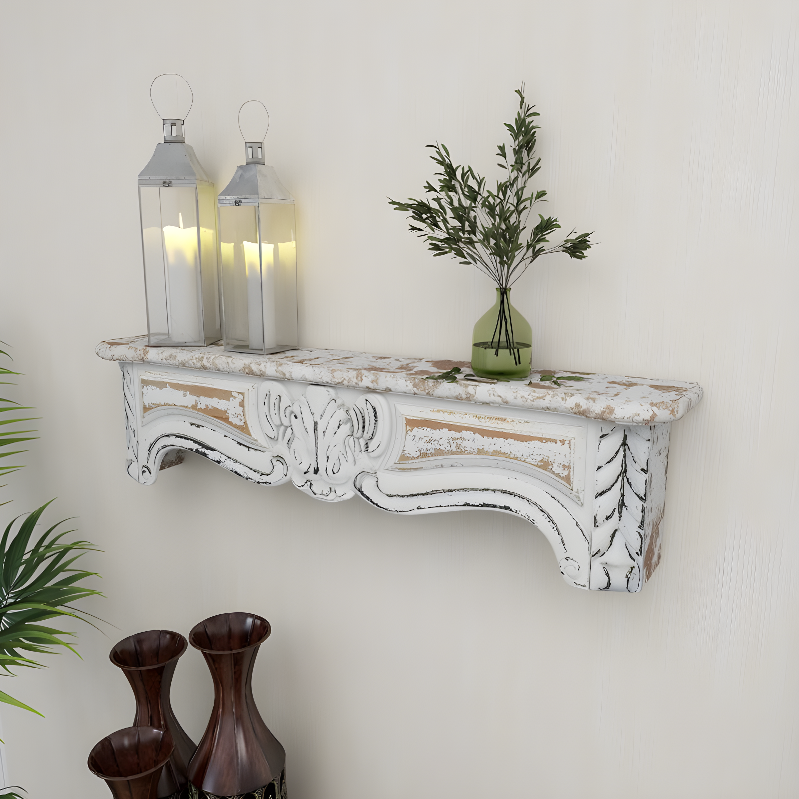 One Allium Way® Goodland White Wood 1 Shelf Scroll Wall Shelf 36" x 6" x 9"