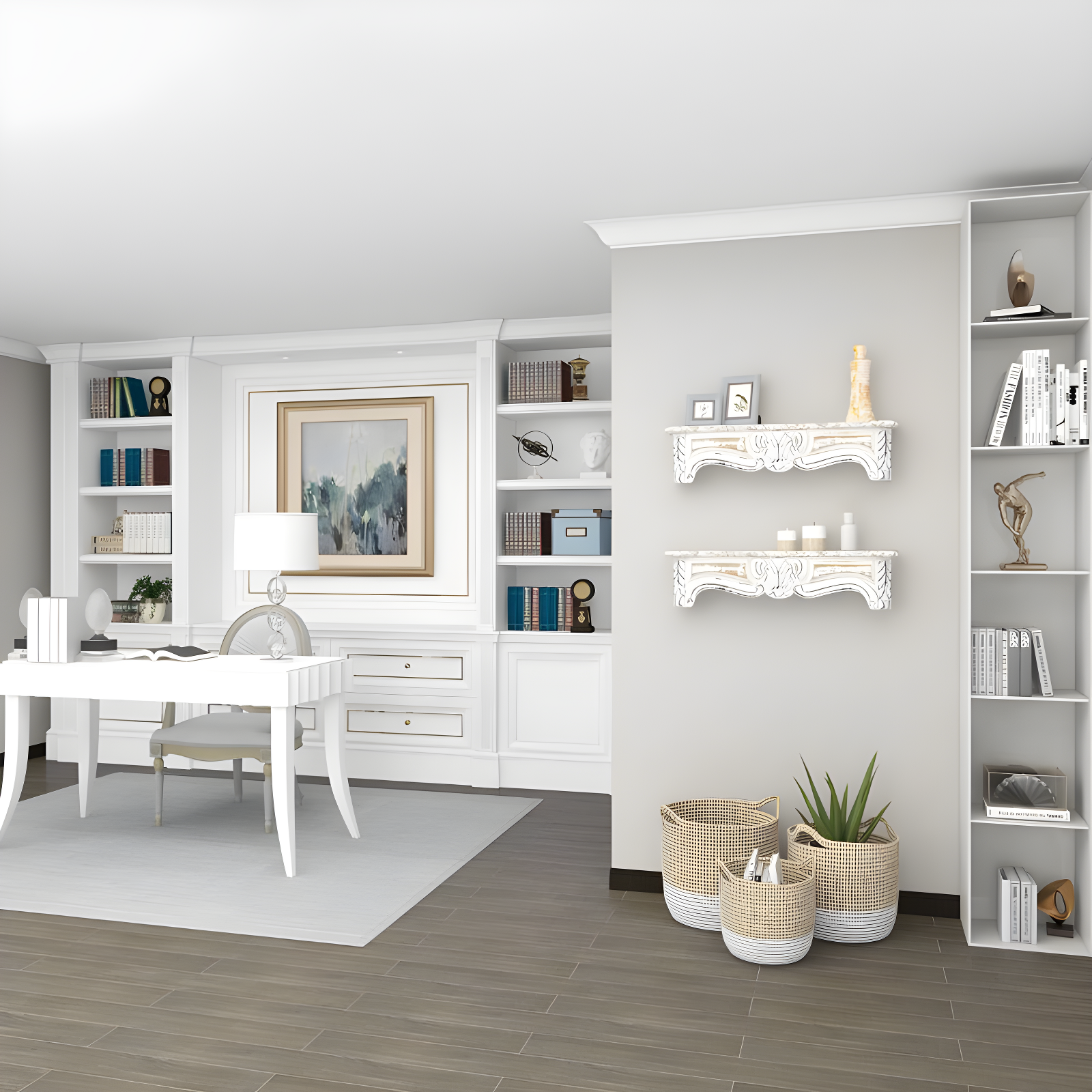 One Allium Way® Goodland White Wood 1 Shelf Scroll Wall Shelf 36" x 6" x 9"