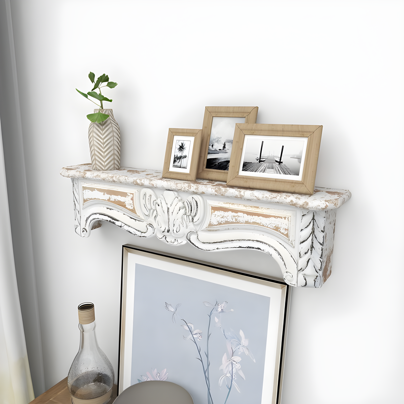 One Allium Way® Goodland White Wood 1 Shelf Scroll Wall Shelf 36" x 6" x 9"