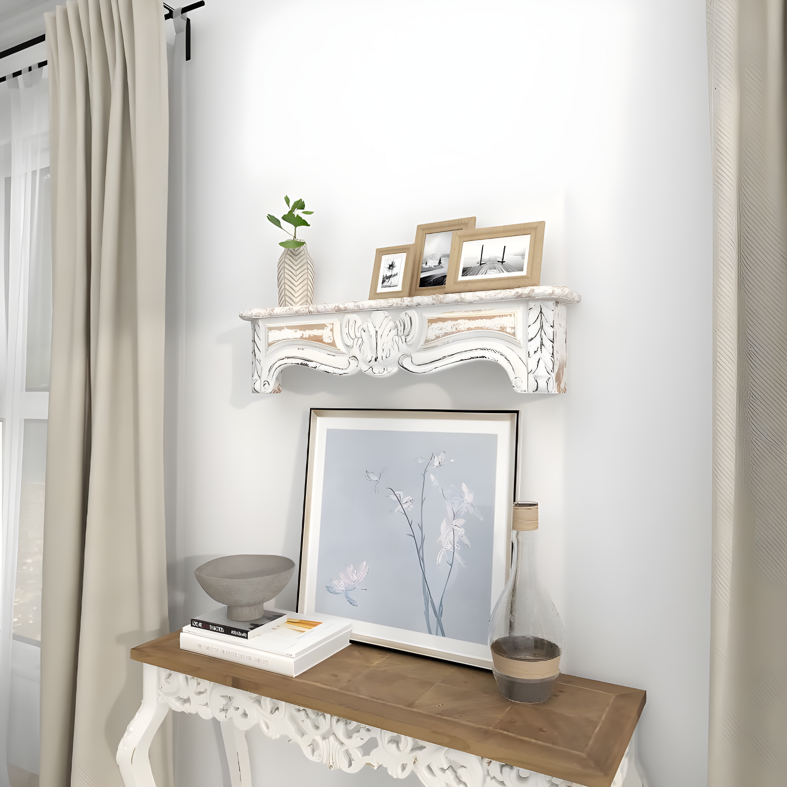 One Allium Way® Goodland White Wood 1 Shelf Scroll Wall Shelf 36" x 6" x 9"