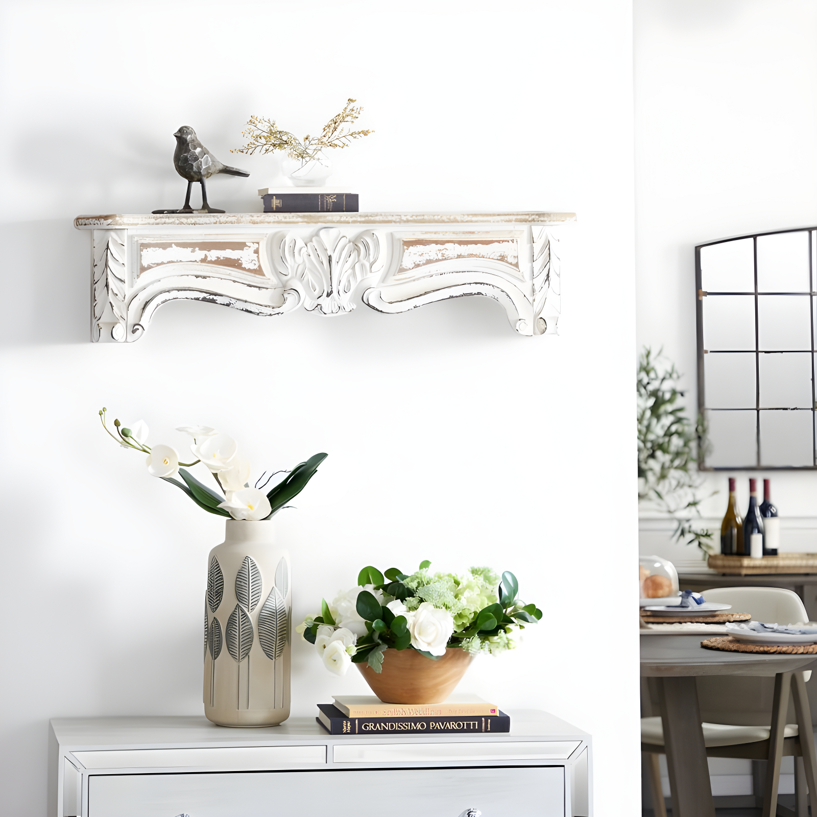 One Allium Way® Goodland White Wood 1 Shelf Scroll Wall Shelf 36" x 6" x 9"