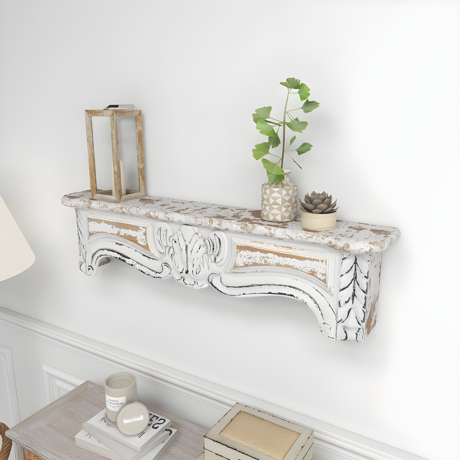 One Allium Way® Goodland White Wood 1 Shelf Scroll Wall Shelf 36" x 6" x 9"