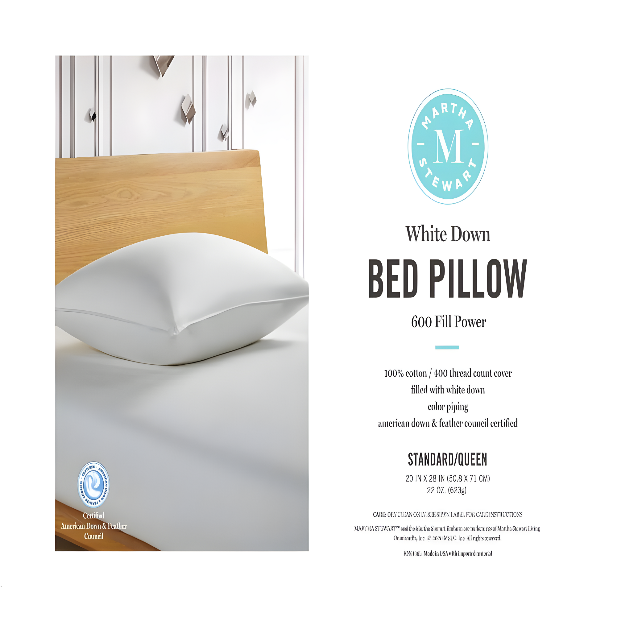 Martha Stewart King Medium/Firm Medium Firm Down Bed Pillow: 400 Thread Count Cotton, White Duck Feather & Down Fill