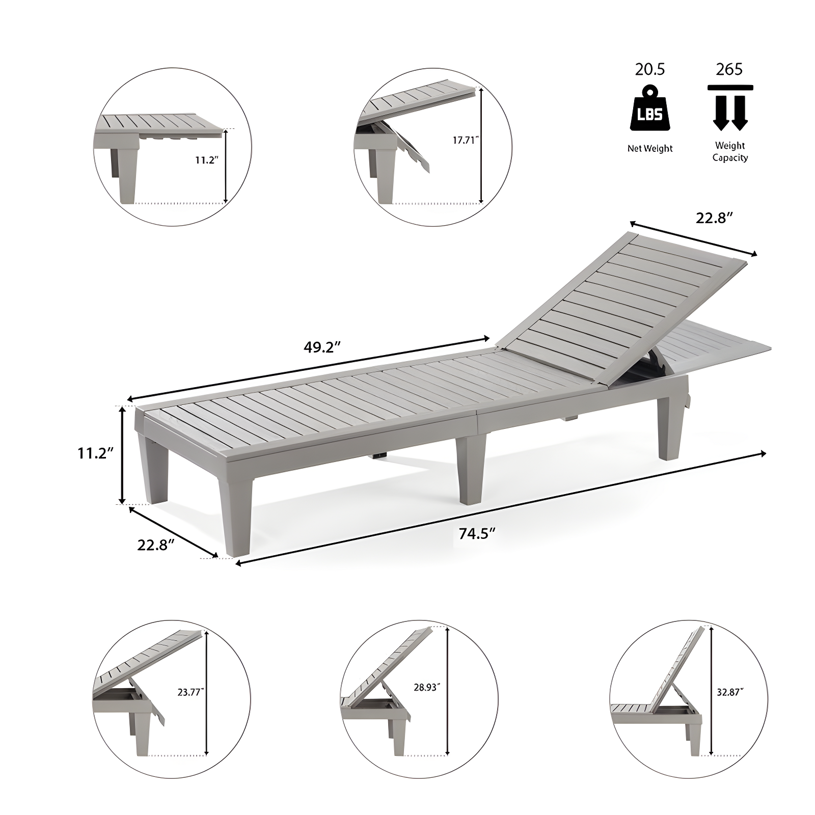 Nestl Waterproof Chaise Lounge Chair - Set of 4 Adjustable Lightweight Gray Outdoor Patio Chairs