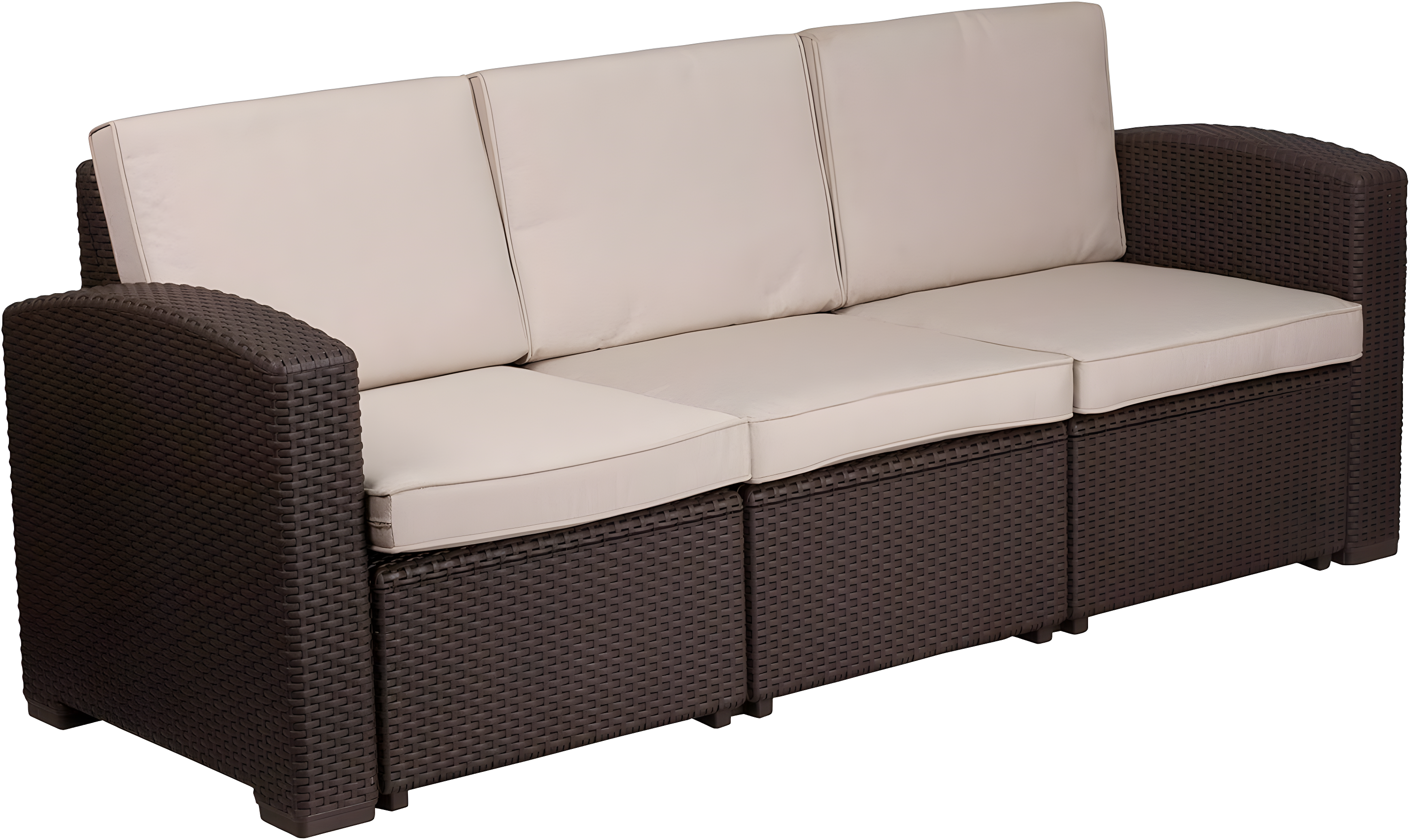 Flash Furniture Chocolate Brown Faux Rattan Sofa with All-Weather Beige Cushions