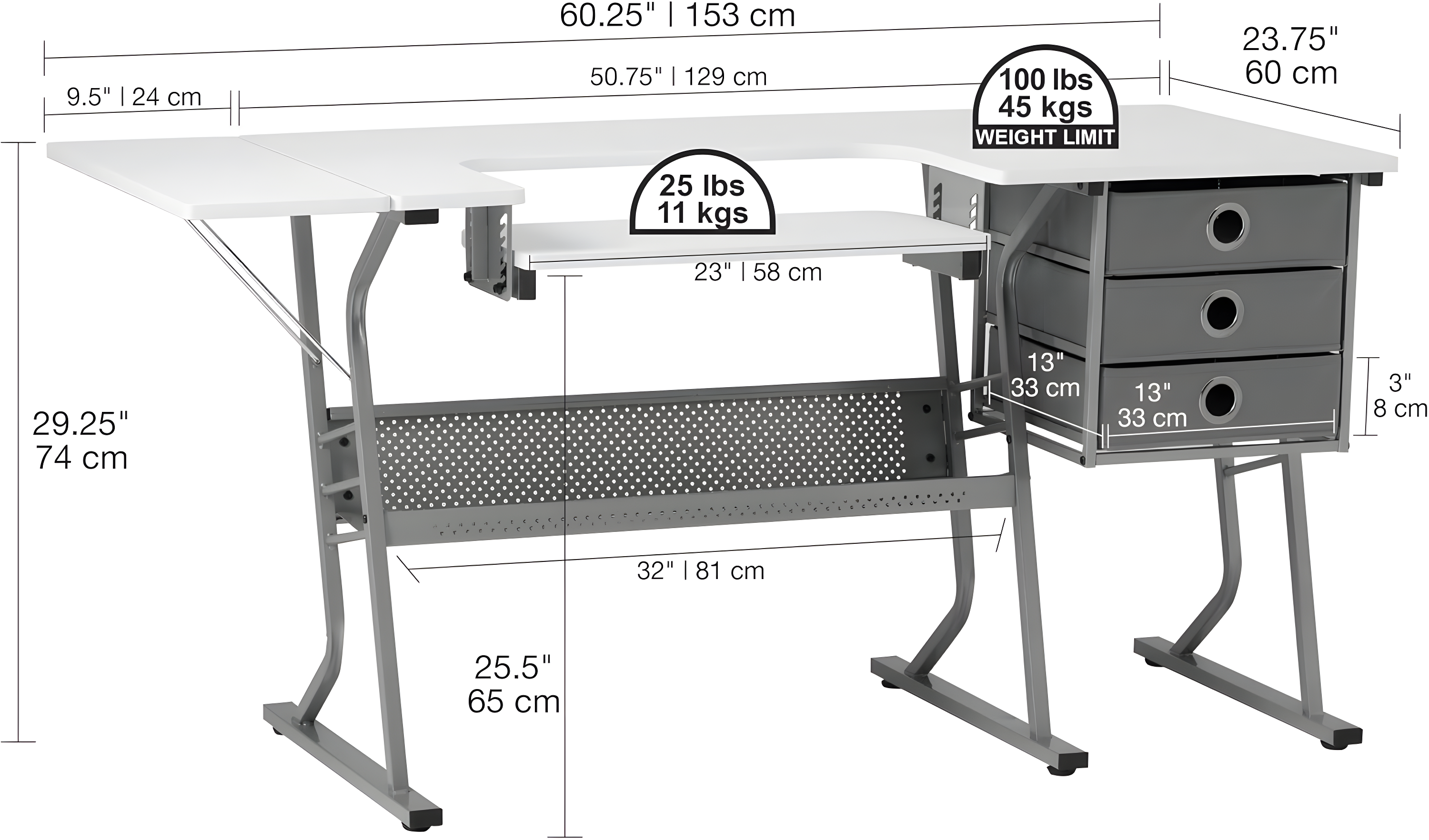 60.25'' x 23.75'' Sewing Table with Sewing Machine Platform