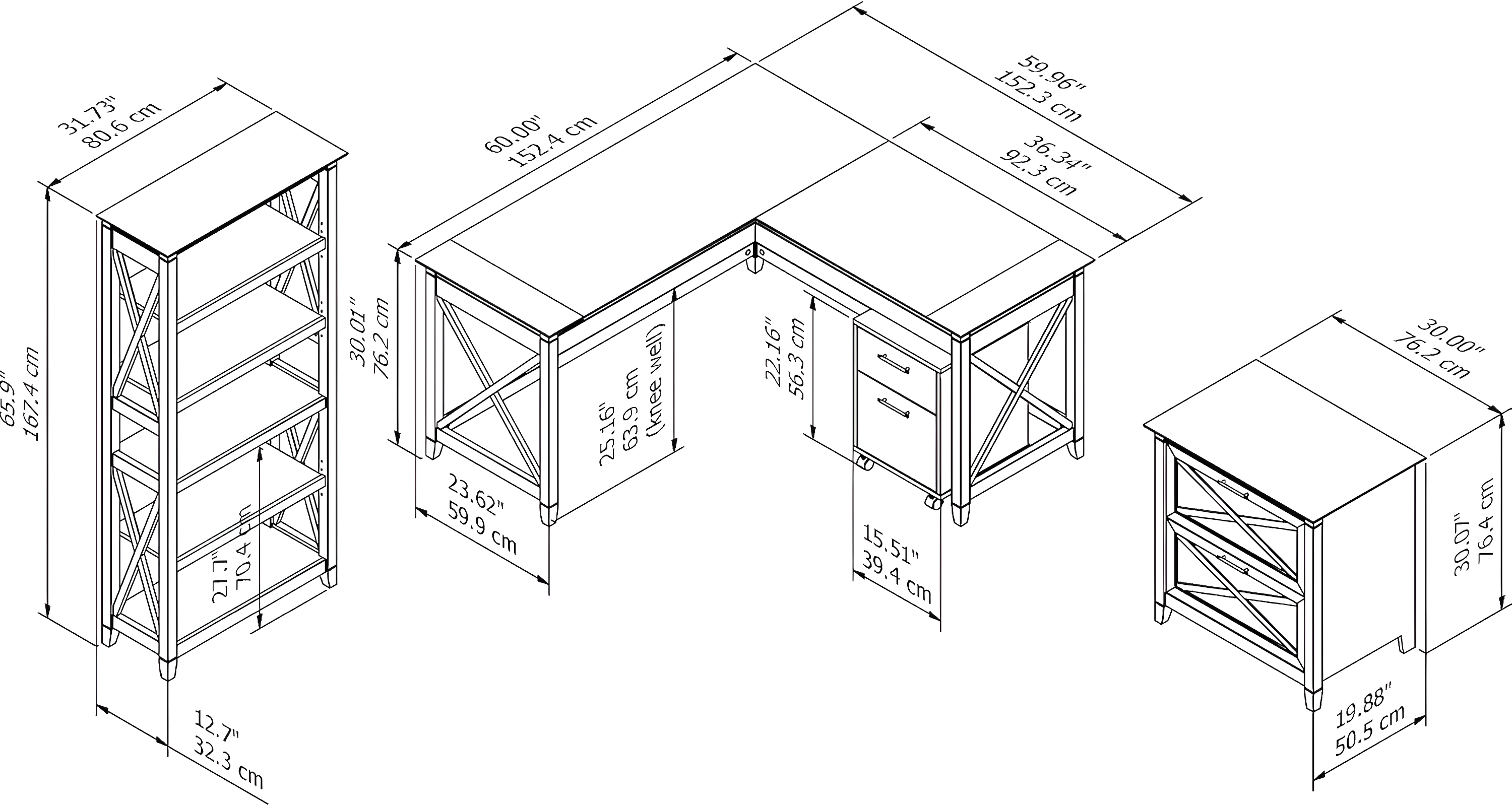 Casual Farmhouse 60W L-Shaped Desk Set in Pure White Oak