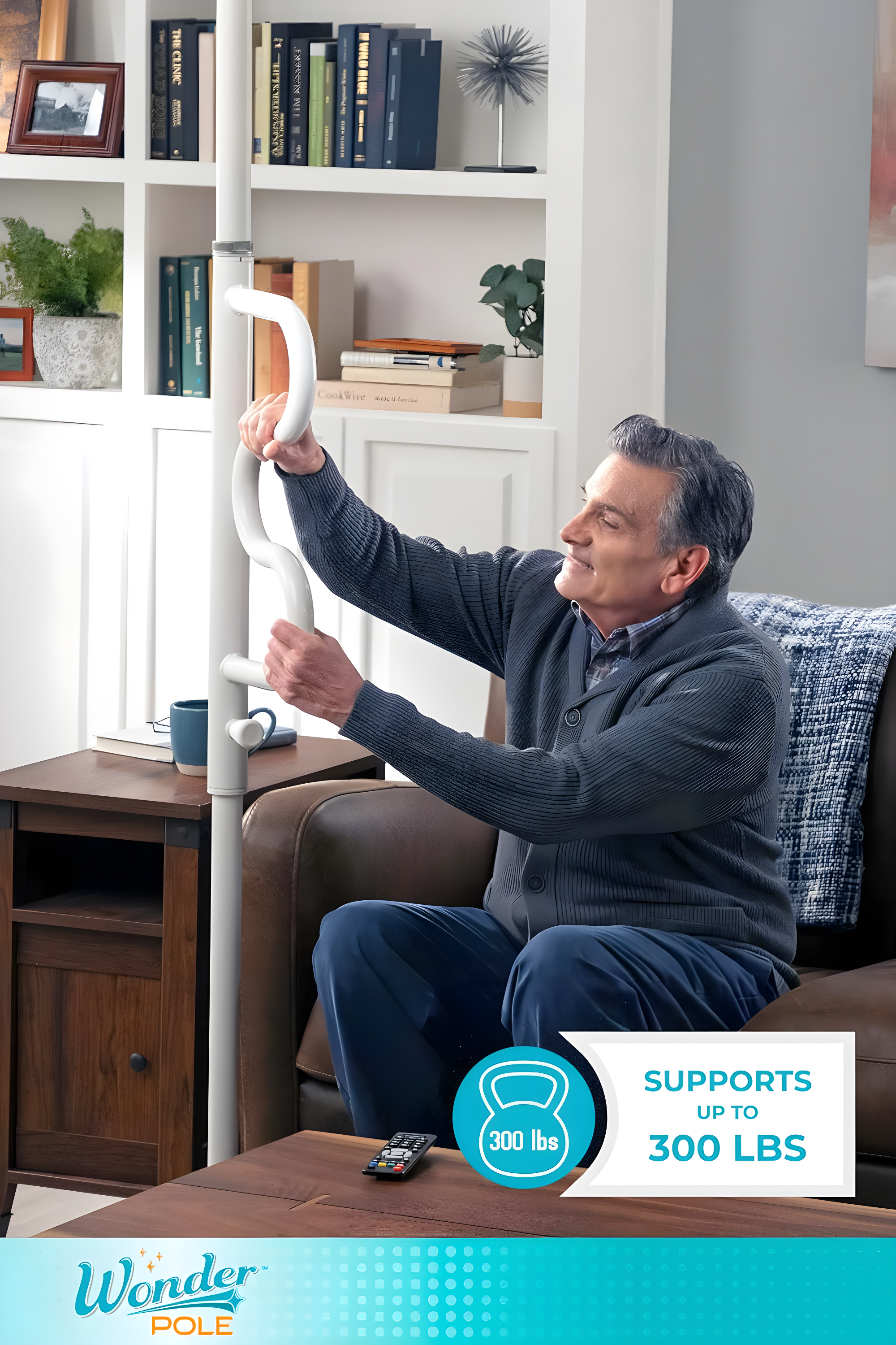 Stander Wonder Pole, Security Pole and Curve Grab Bar, Bathroom Safety Rail for Elderly, Tension Mounted Floor to Ceiling Safety Assist Handle for Seniors, Supports 300 lbs, White