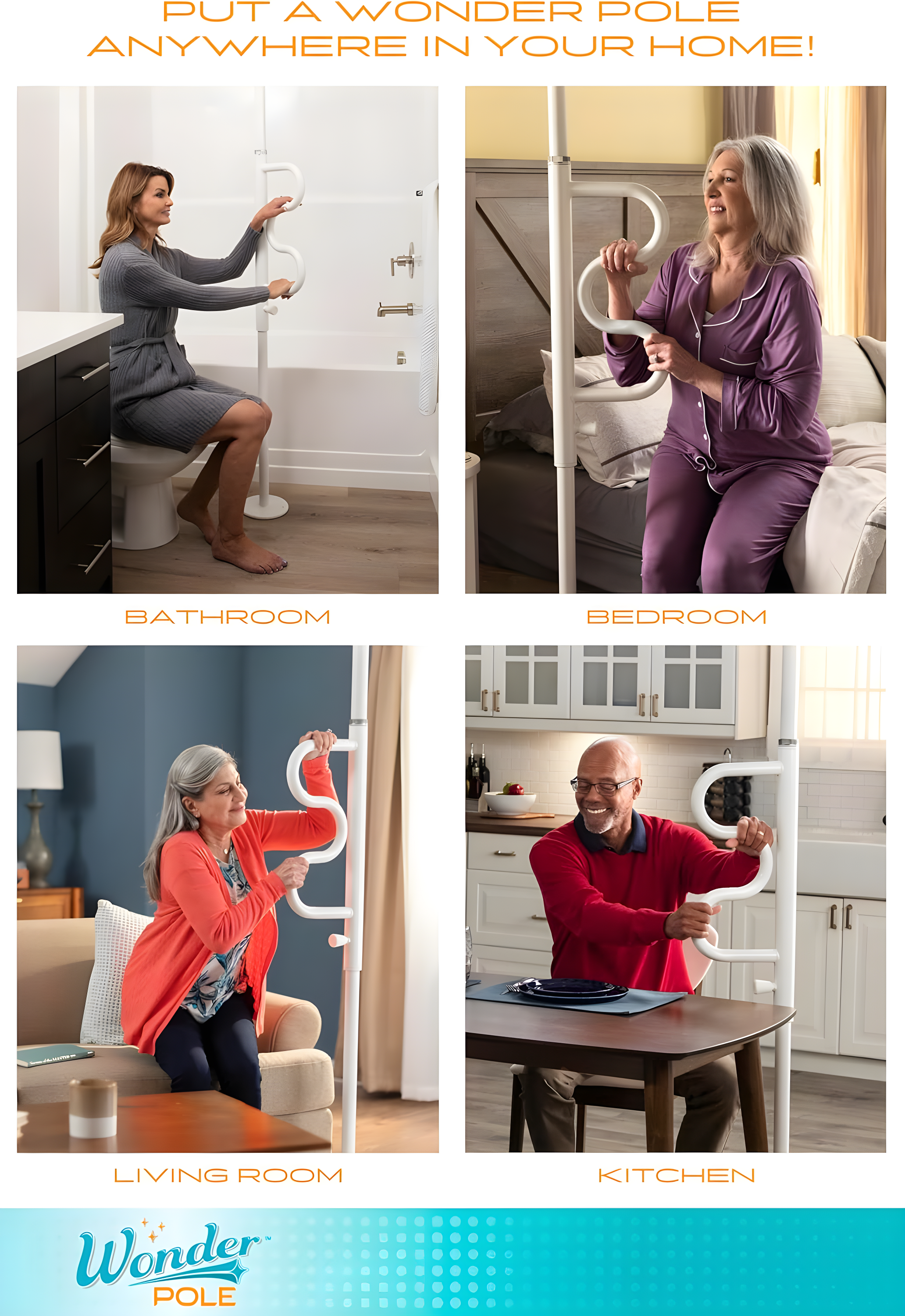 Stander Wonder Pole, Security Pole and Curve Grab Bar, Bathroom Safety Rail for Elderly, Tension Mounted Floor to Ceiling Safety Assist Handle for Seniors, Supports 300 lbs, White
