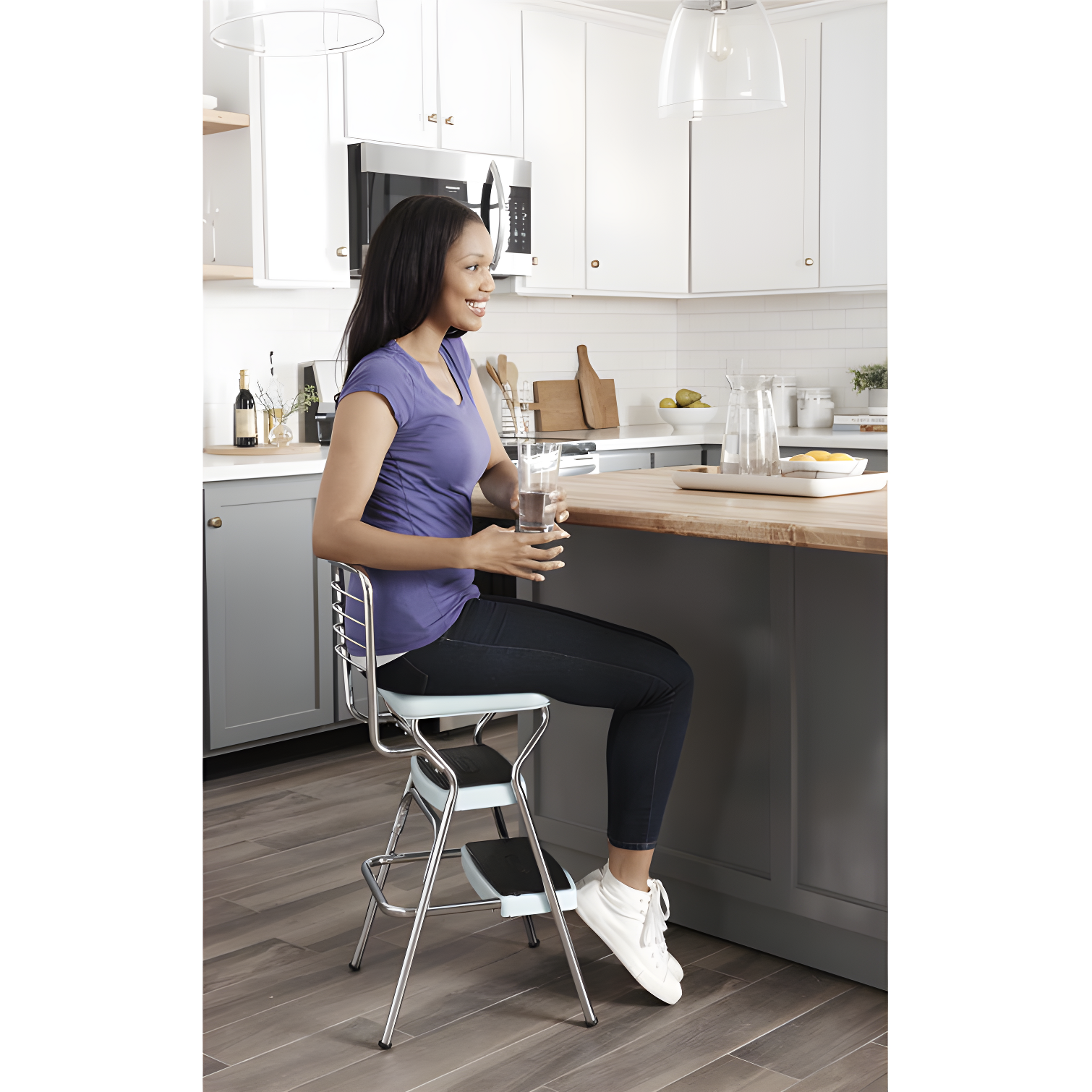 Stylaire Steel Retro Chair + Step Stool with Flip-Up Vinyl Seat