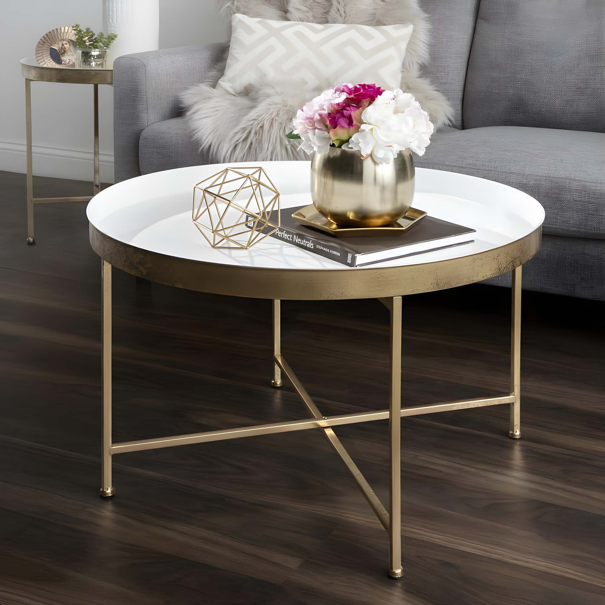 Kate and Laurel Celia Round Metal Coffee Table, 28.25x28.25x19, White and Gold