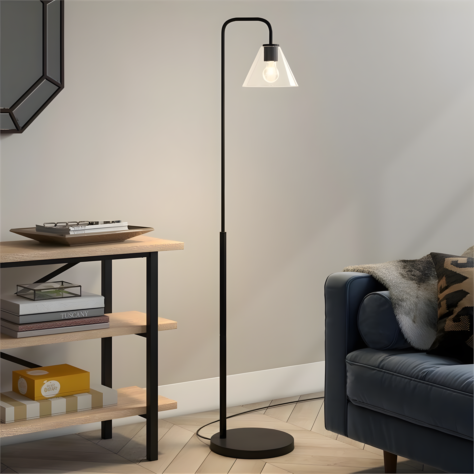 Evelyn&Zoe Henderson Arc Floor Lamp with Glass shade in Blackened Bronze/Clear
