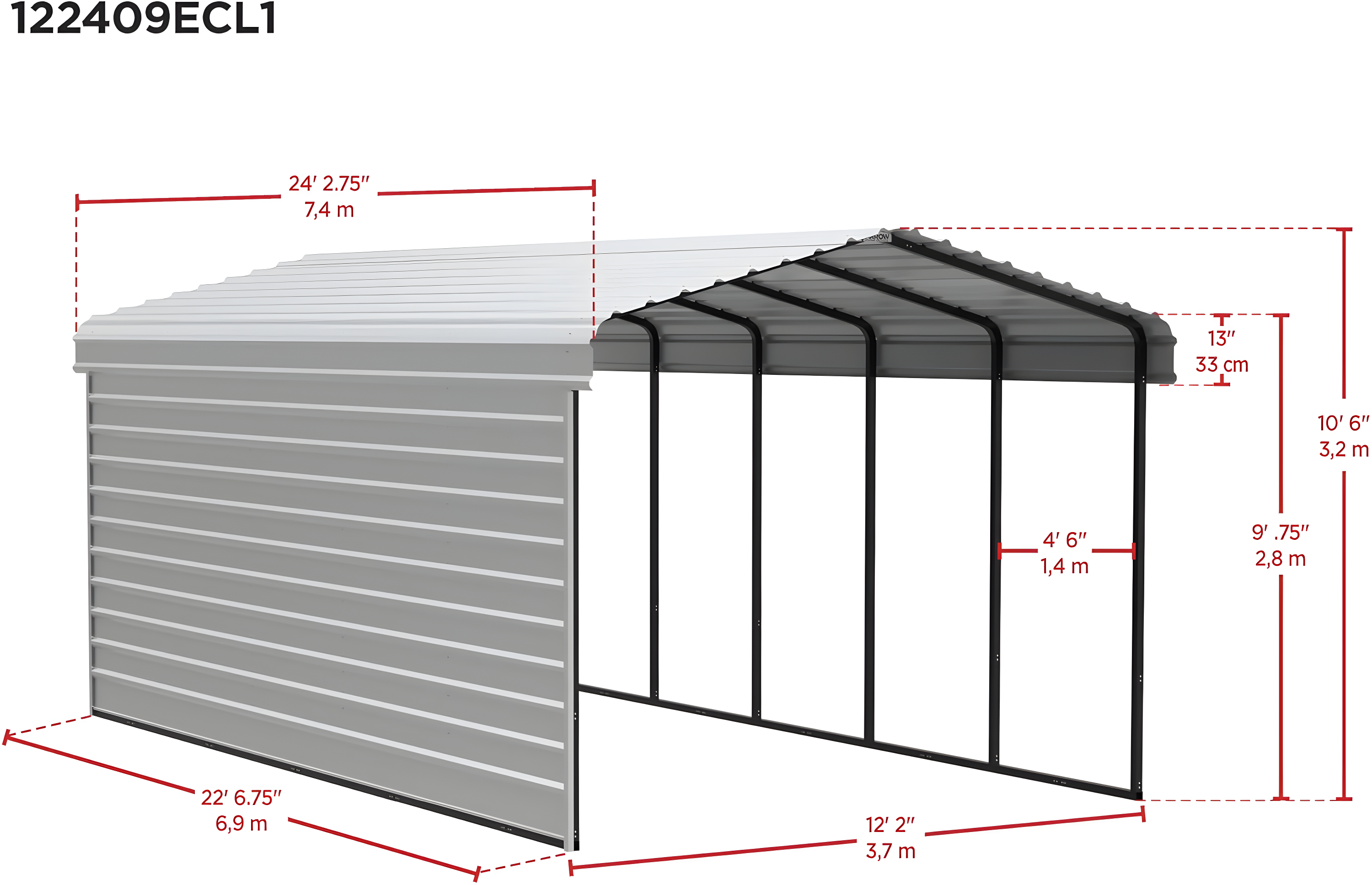 Arrow Arrow Steel Carport with 1 Side Wall Kit, 12x24x09