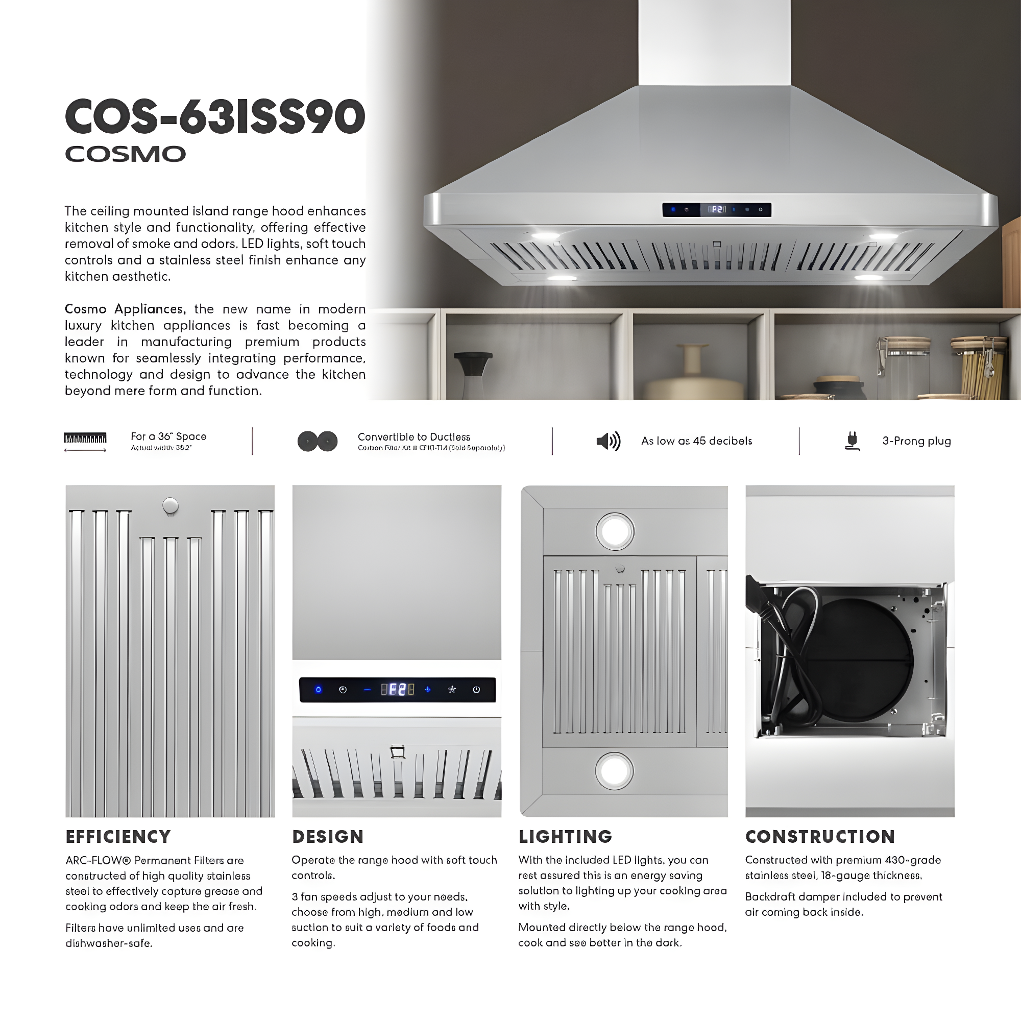 36 in. Lumin Collection Ducted Island Range Hood, Soft Touch Controls, LED Lights, Stainless Steel