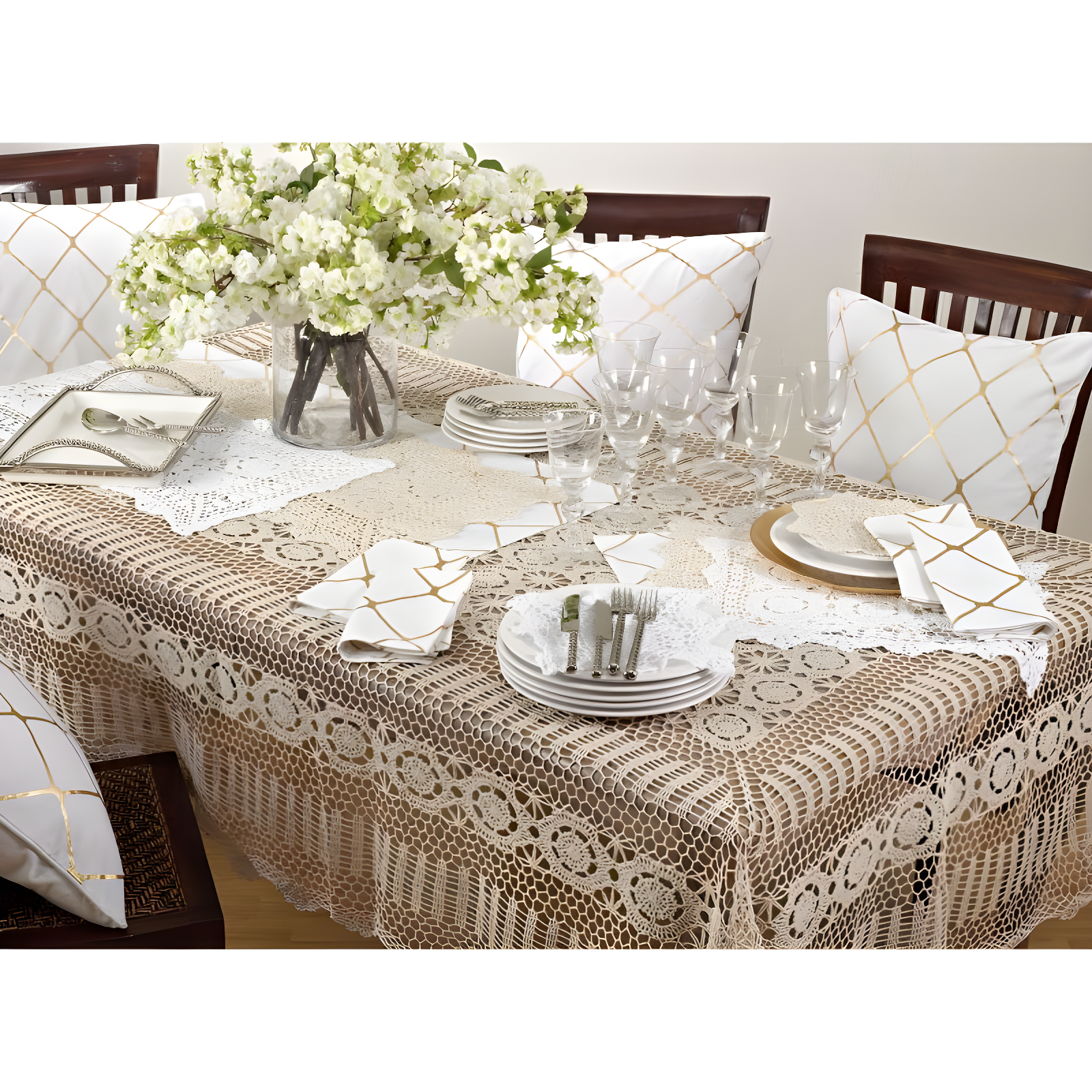Saro Lifestyle Handmade Crochet Cotton Lace Table Linens, White, 54" x 54"