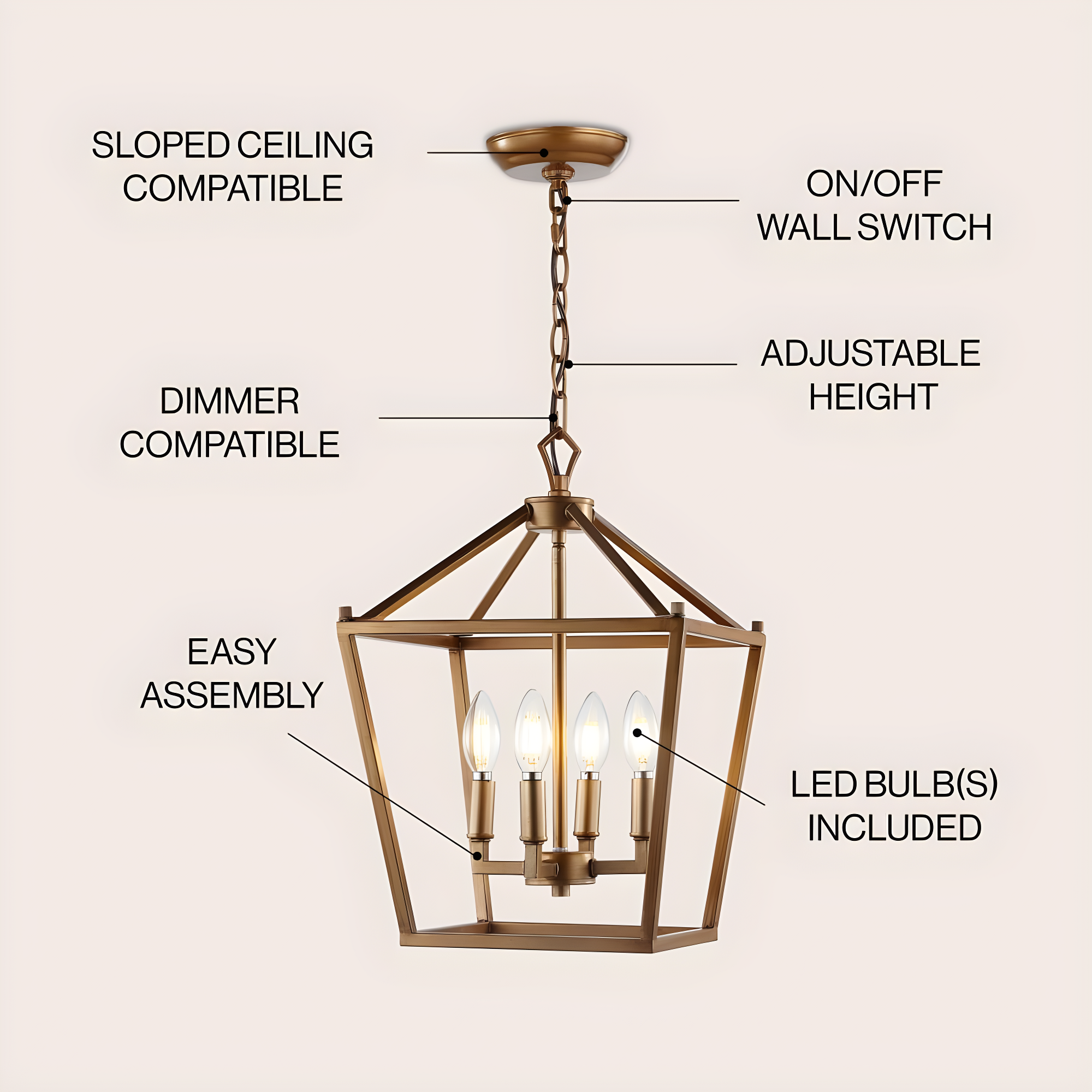 Pagoda 12" 4-Bulb Lantern Metal LED Pendant, Antique Gold