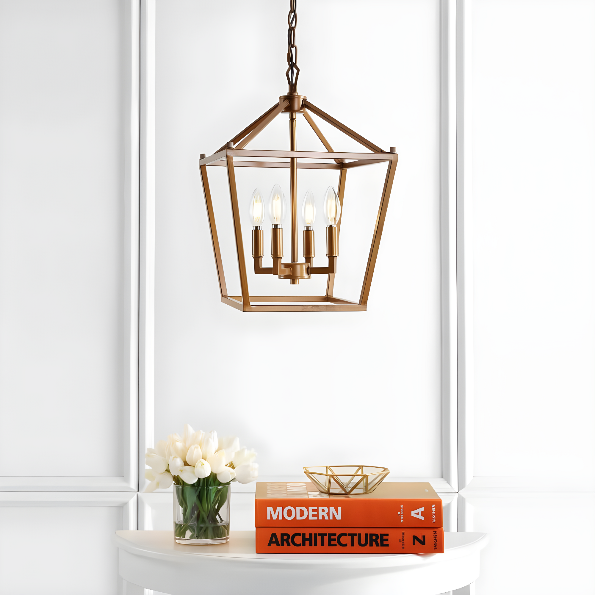 Pagoda 12" 4-Bulb Lantern Metal LED Pendant, Antique Gold