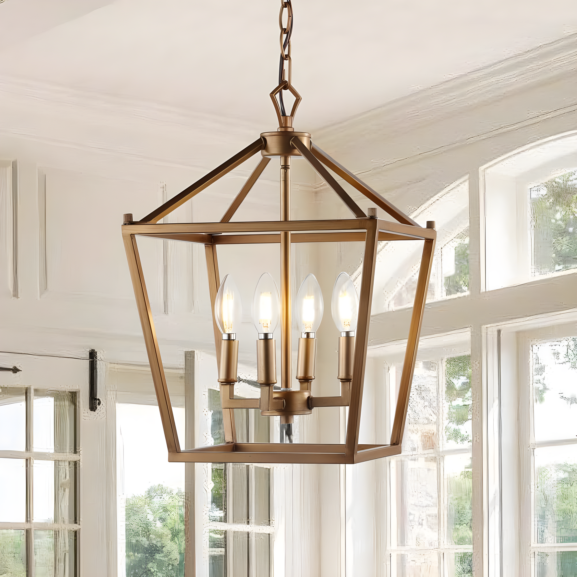 Pagoda 12" 4-Bulb Lantern Metal LED Pendant, Antique Gold