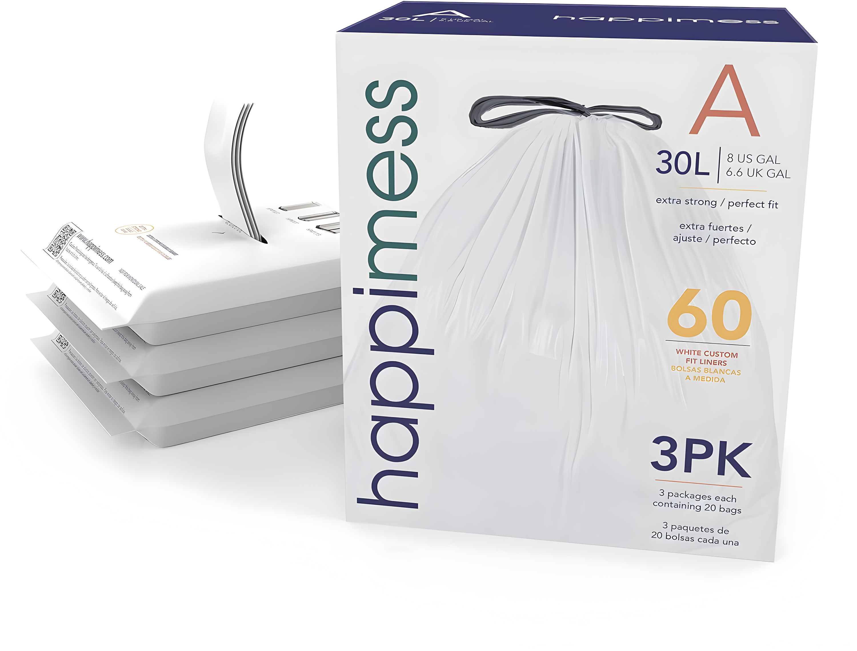 7.9 Gallon Drawstring Trash Can Liner, White (60-Count, 3-Packs of 20 Liners) -happimess