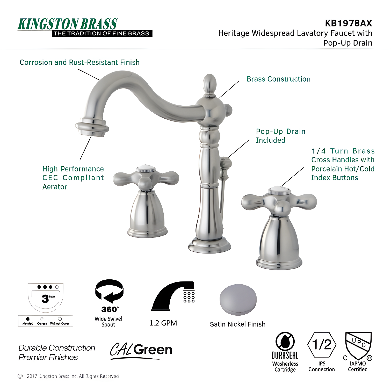 Kingston Brass Heritage Two-Handle 3-Hole Deck Mount Widespread Bathroom Faucet with Pop-Up Drain