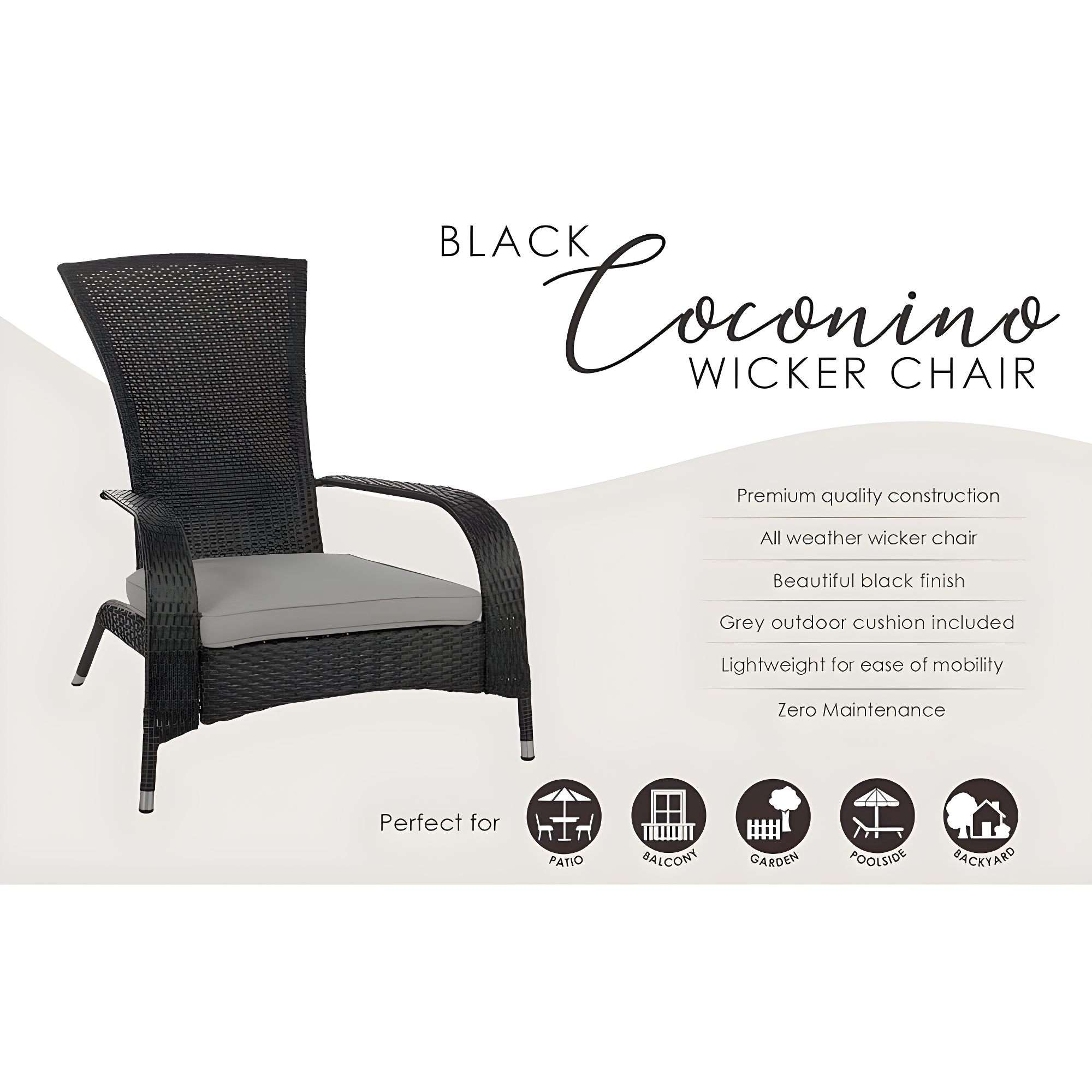 PatioSense Patio Sense Coconino Wicker Chair All Weather Adirondack Style Chair Grey Outdoor Cushion Included - Black