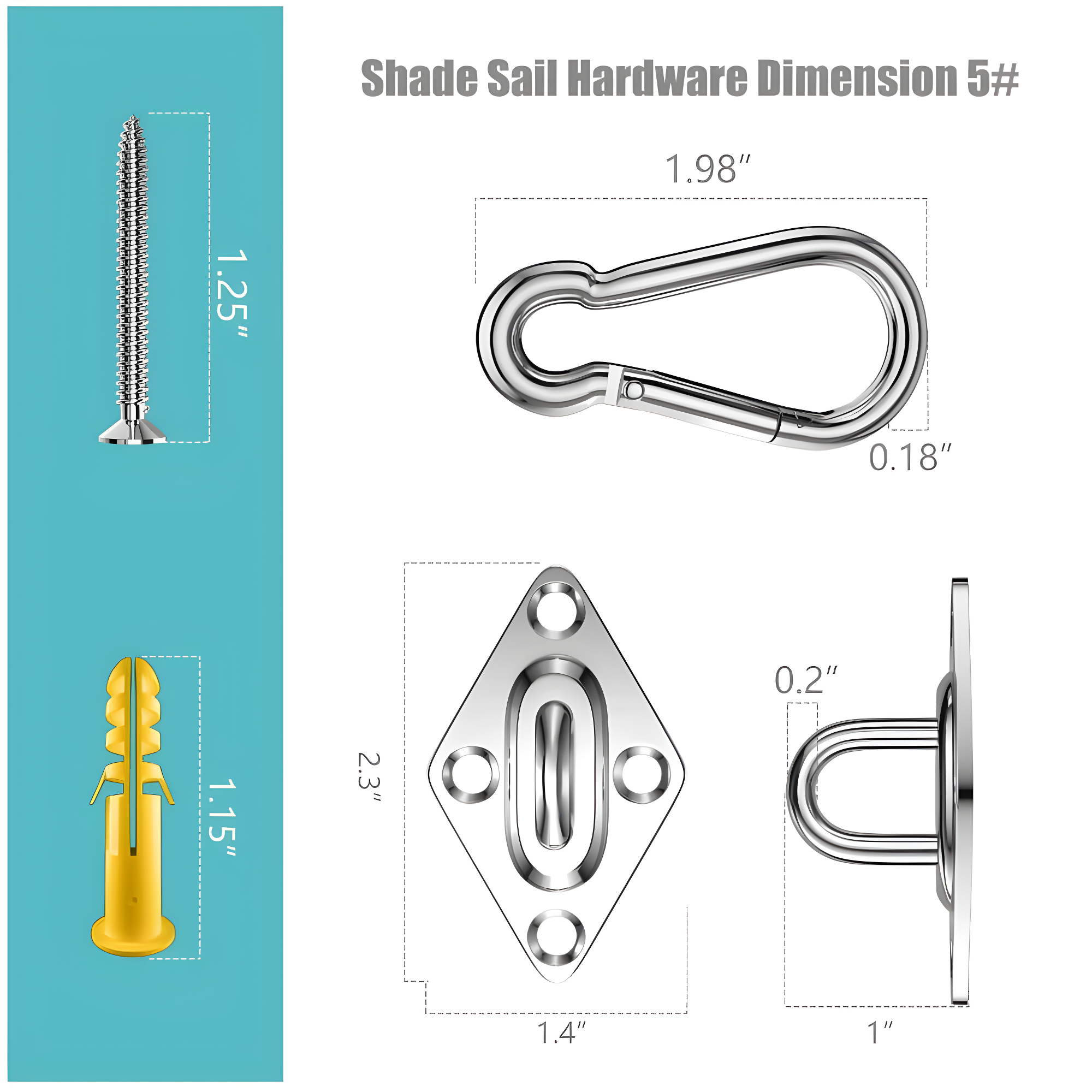 80 Pcs Sun Shade Sail Hardware Kit 5 inch 304 Stainless Steel for Rectangular/Square/Triangle Sun Shade Sail Installation Lawn and Garden, Heavy Duty Anti-Rust Sail Shade Hardware Kit