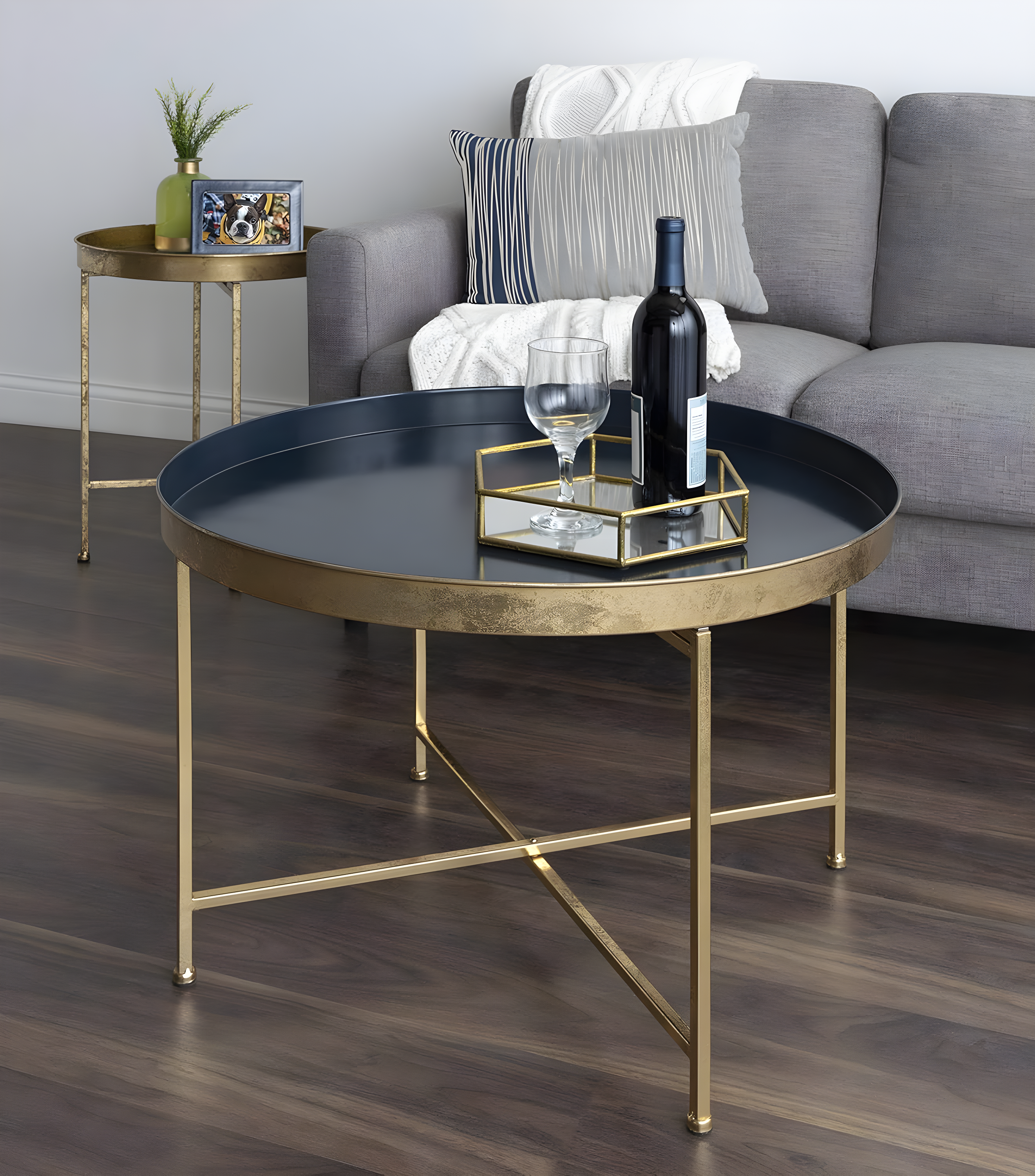 Kate and Laurel Celia Round Metal Coffee Table, 28.25x28.25x19, Navy Blue and Gold
