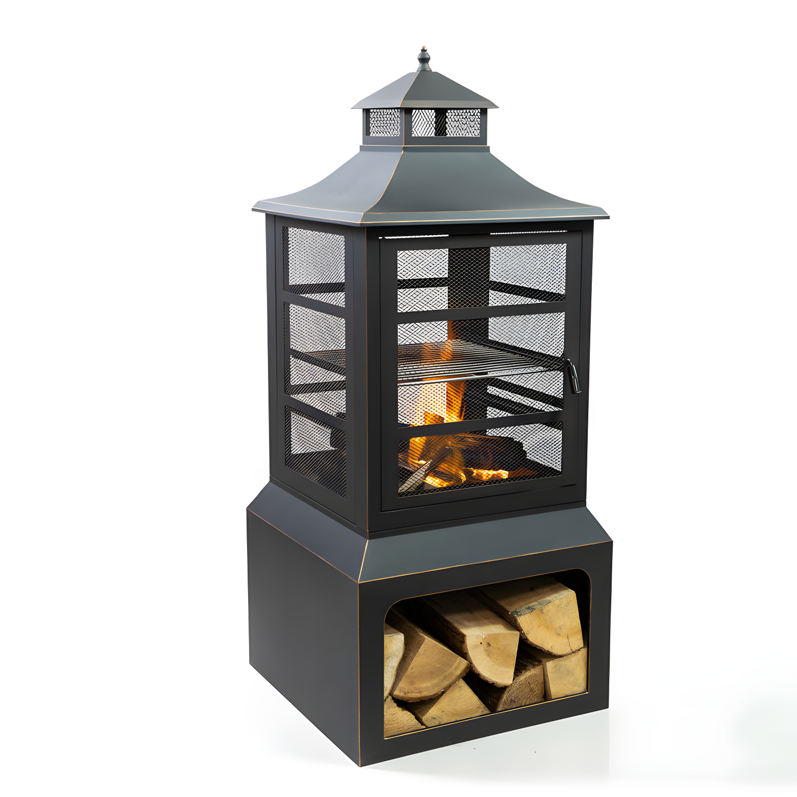 Deko Living Deko Living 26" Square Outdoor Steel Wood Burning Fireplace with Cast Iron Cooking Grill, Log Storage and Poker