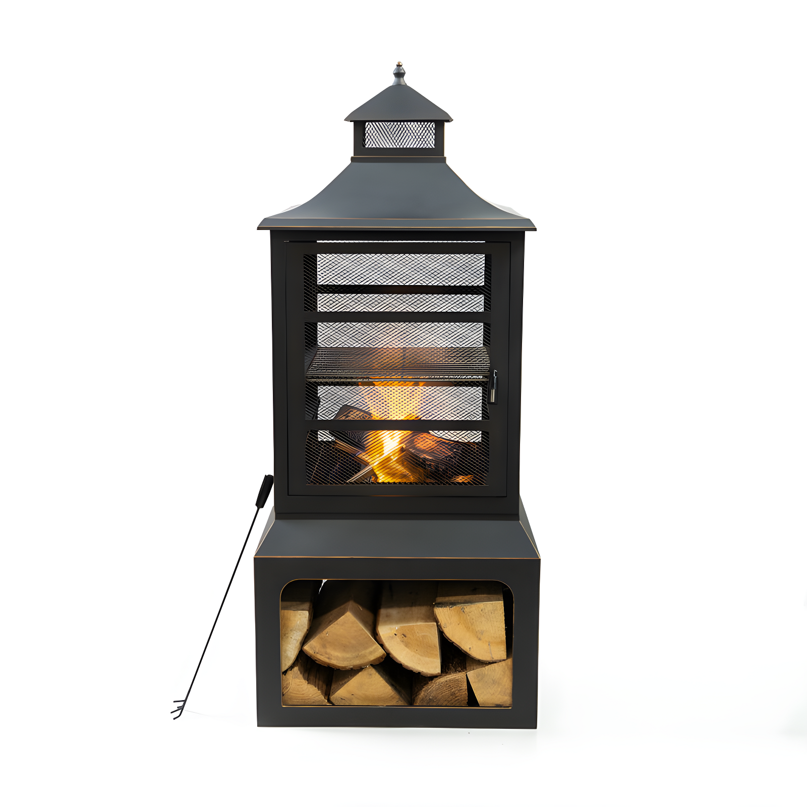 Deko Living Deko Living 26" Square Outdoor Steel Wood Burning Fireplace with Cast Iron Cooking Grill, Log Storage and Poker